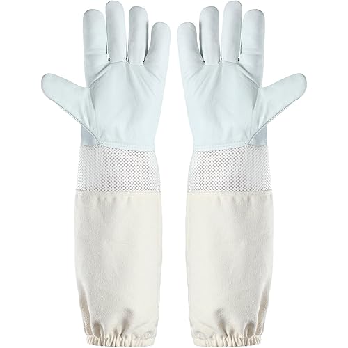 Ventilated Beekeeping Gloves, Bee Gloves for Men Women, Goatskin Beekeeper Glove with Ventilated Sleeves & Elastic Cuffs S