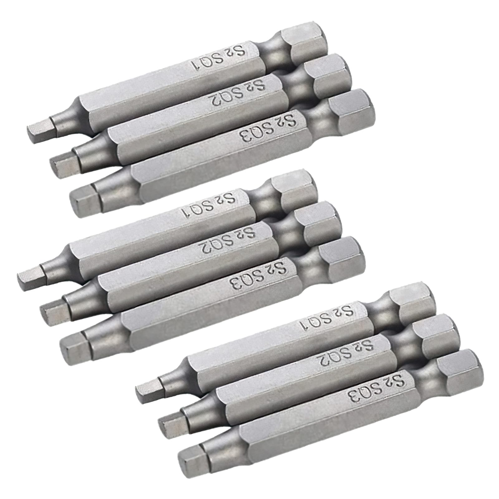 9Pcs 50mm Square Head Screwdriver Bit Set with 1/4 Inch Hex Shank, Accessory Tool Kit for Electric Hand Screwdrivers, S2 Steel SQ1 SQ2 SQ3 Magnetic Square Screw Driver Bits