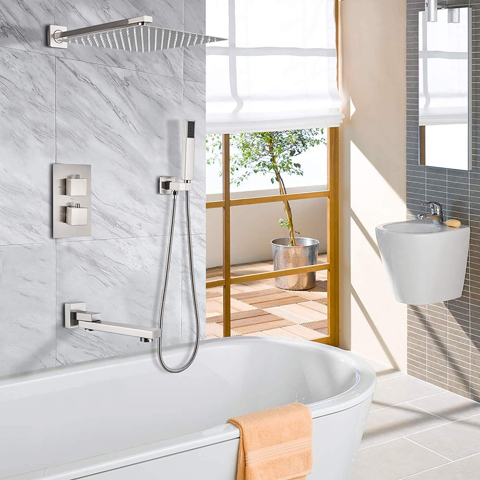 Set Doccia Combinato termostatico con Miscelatore a Pioggia Spazzolato, Rubinetto Doccia a Parete per Bagno con soffione Quadrato, doccetta a Mano, Bocca di erogazio,8 Inches