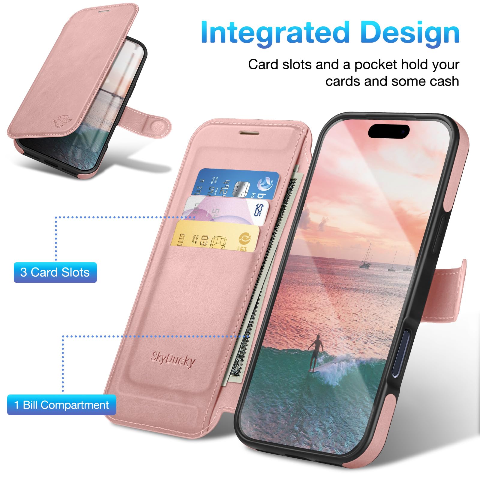 Custodia a portafoglio per iPhone 17 Pro Max 6,9 pollici [cavalletto invisibile integrato] [ricarica wireless] [3 slot per schede e blocco RFID] [pelle PU] custodia protettiva donna uomo per