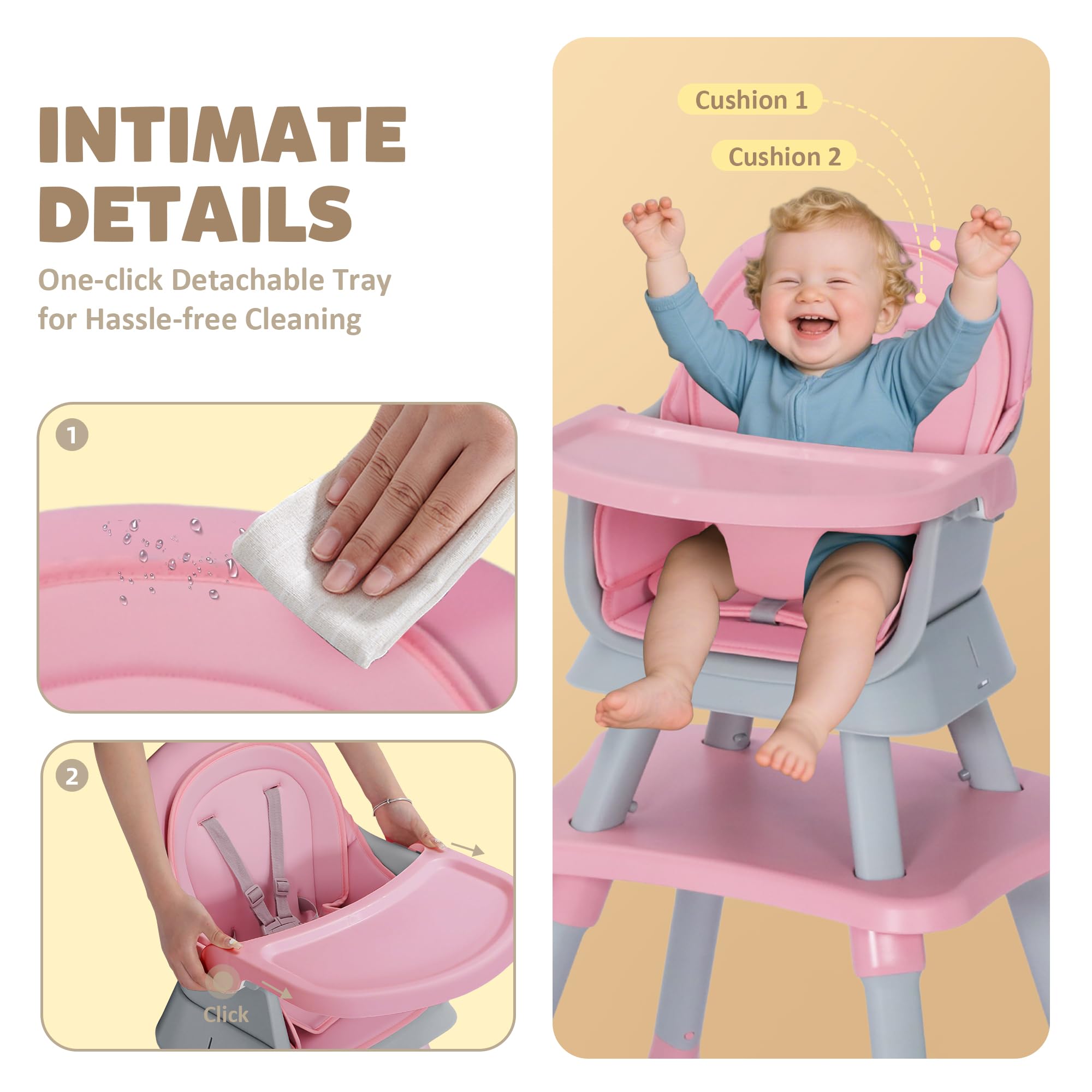 TODEFULL Baby High Chair, 8 in 1 Convertible Highchairs for Babies and Toddlers, Children Dining Booster Seat/Kids Building Block Table for Girls Boys, Baby Seat with Removable Tray, Pink