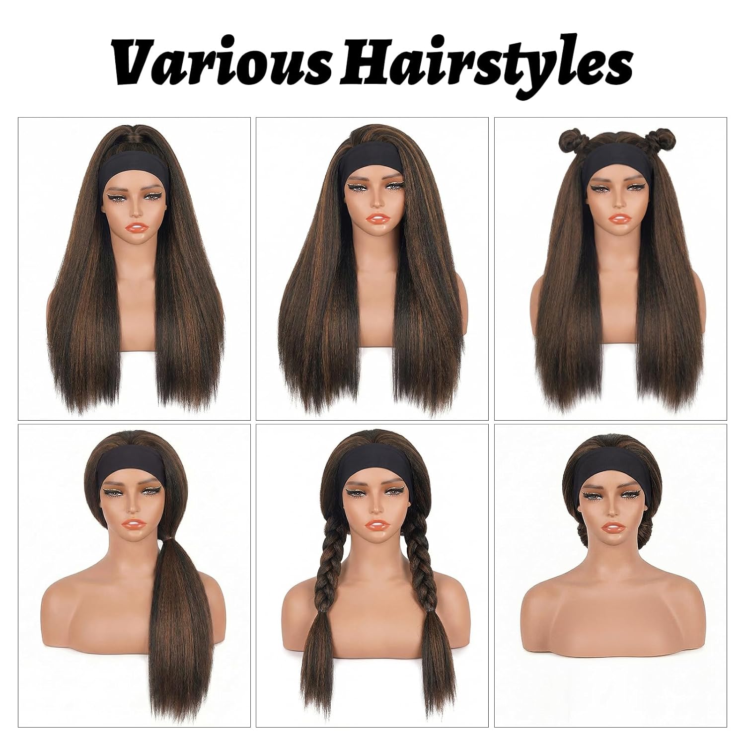 Kinky Straight Headband Wig, Yaki Straight Headband Wigs for Black Women, Synthetic Half Wigs with Black Headband, Glueless & No Lace Front, Soft Natural Look & Easy to Style