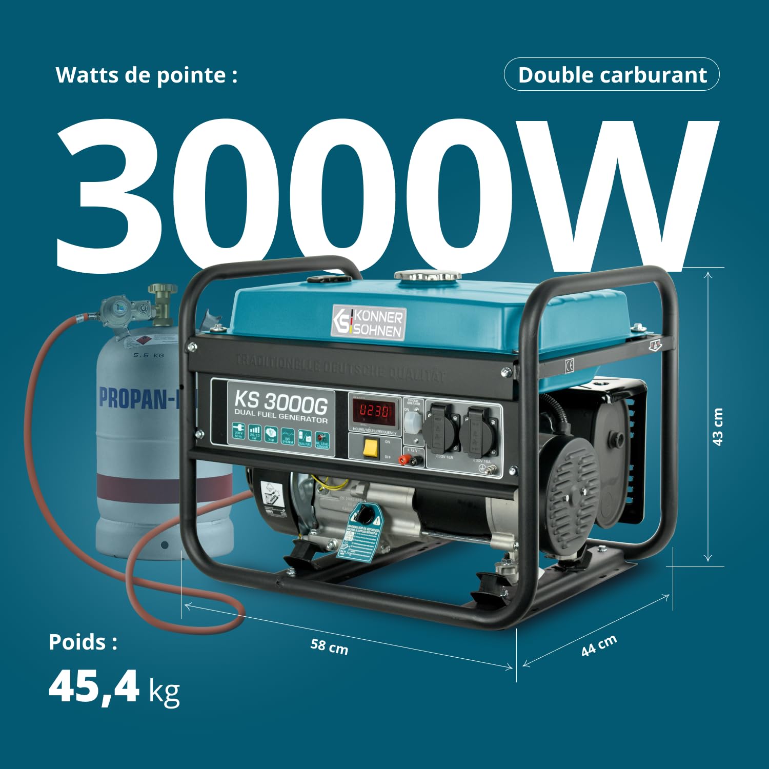 Groupe électrogène à essence KS 3000G generateur a gaz,puissance max 3000 W, 2x16A Schuko (230 V) EURO-V, régulateur de tension AVR,enroulement cuivre,generateur de courant, générateur hybride
