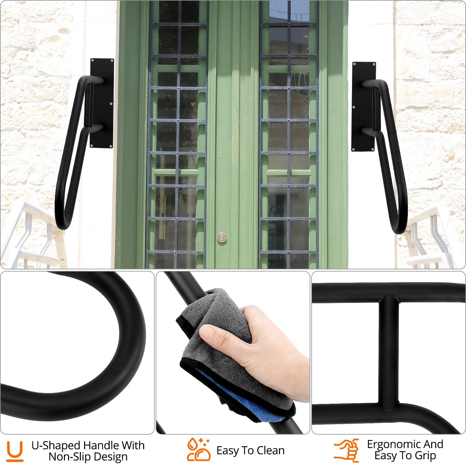 QWORK® Barandillas de seguridad para exteriores de 66 cm, barandillas para 1-3 pasos, manija de seguridad en forma de U, para jardines, hoteles, escuelas, entrada de porches, negro