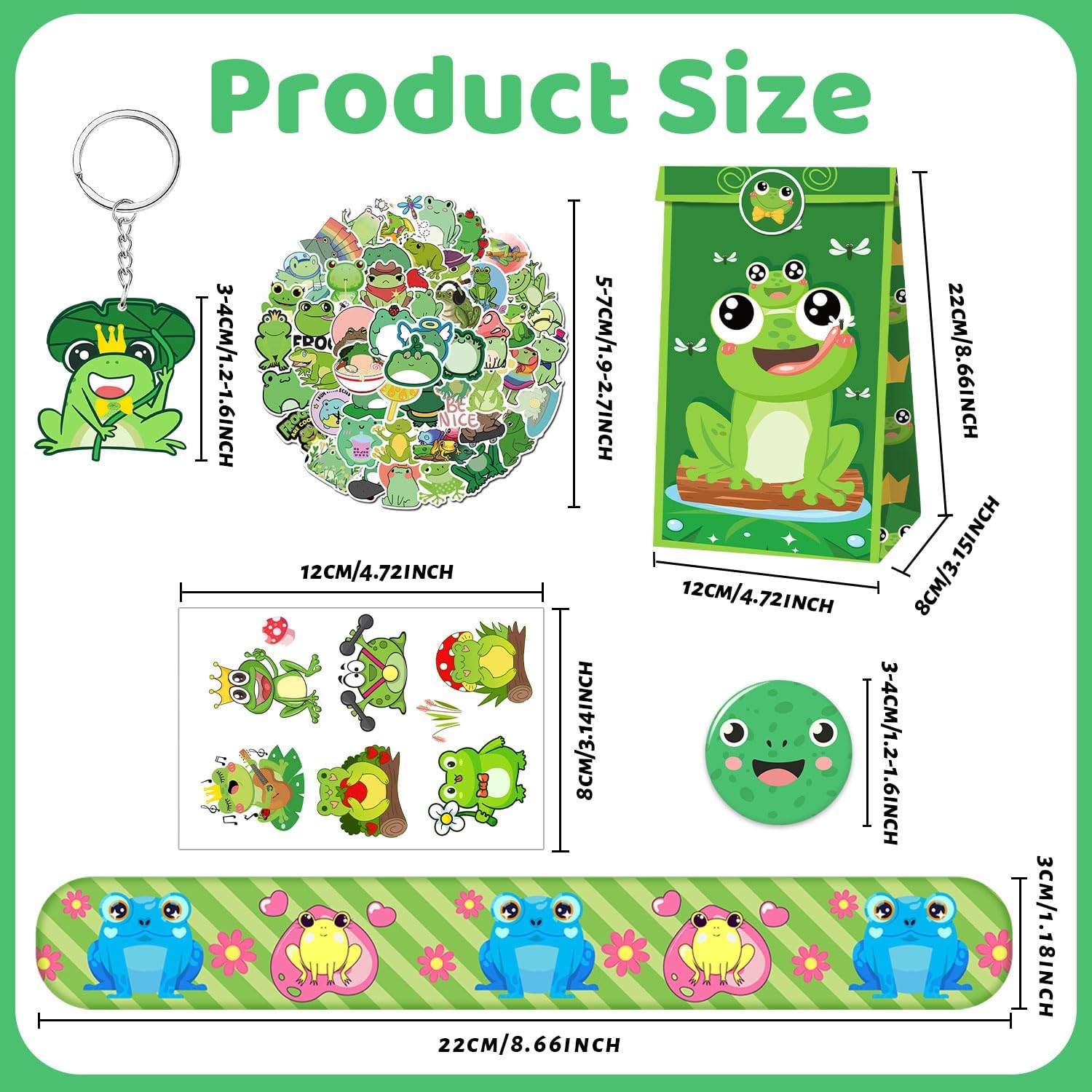 110 PCS Frog Party Favors, Frog Temporary Tattoos Slap Bracelets Keychains Stickers Badges Gift Bags for Frog Birthday Party Decorations Supplies Gifts for Classroom Rewards Baby Shower