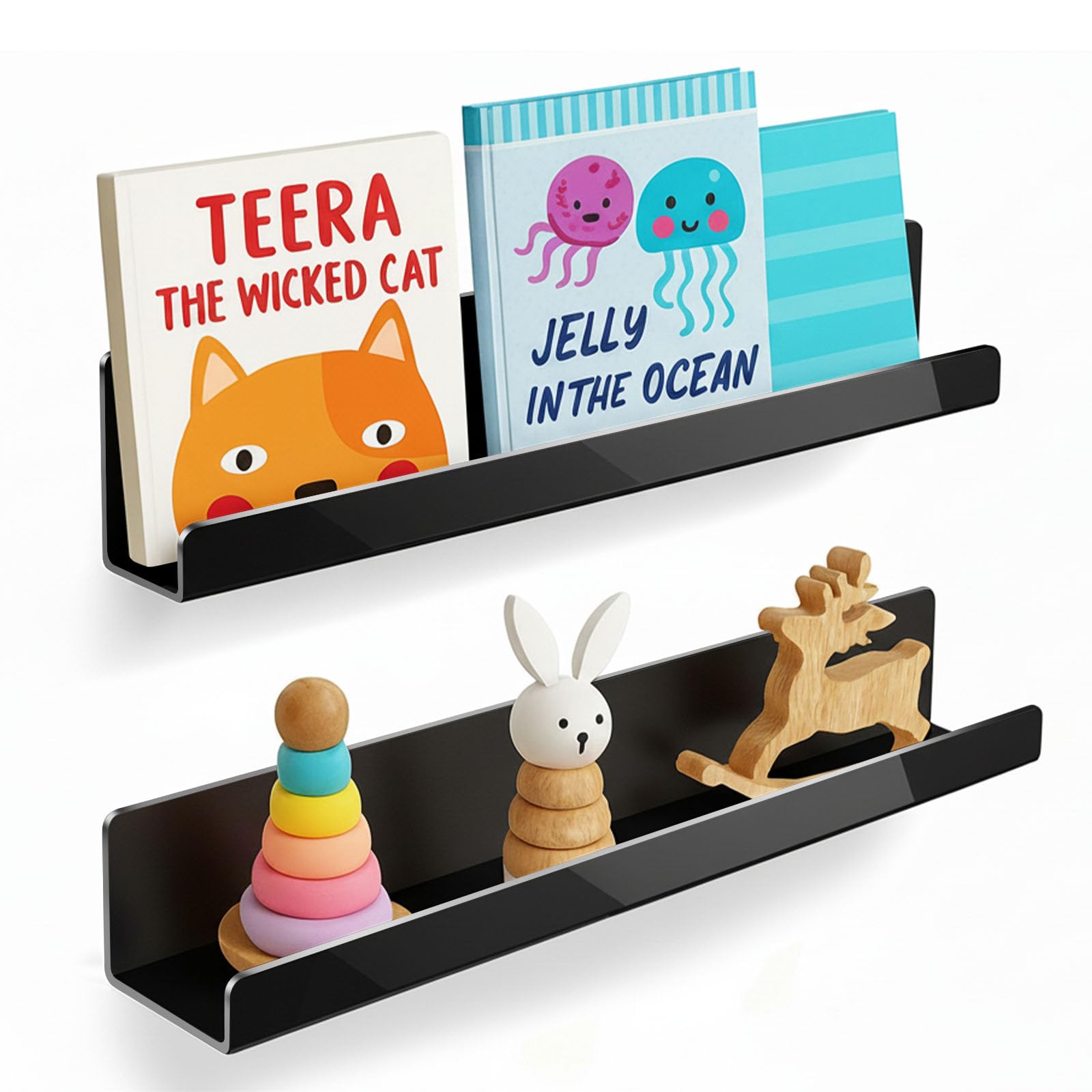 2 Pack Magnetic Book Shelf for Whiteboard - Reusable Acrylic Magnetic Shelves, Holds 11 lbs, Magnetic Book Display for Classrooms, Kitchen (Black)
