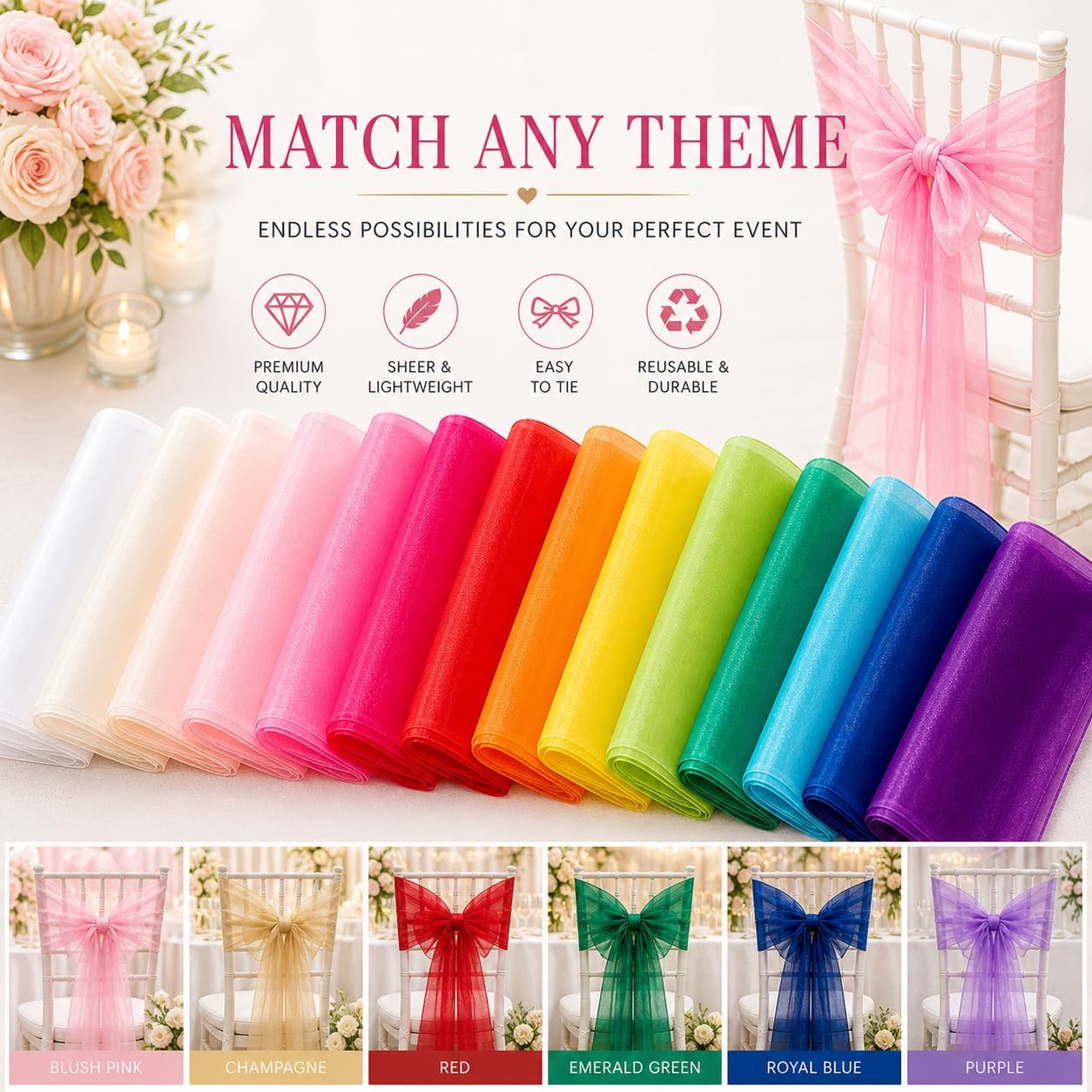 Organza Chair Bow Sash Décor Bows Sashes for Wedding Reception Events Banquets Decoration - (Pack of 25, Baby Pink)