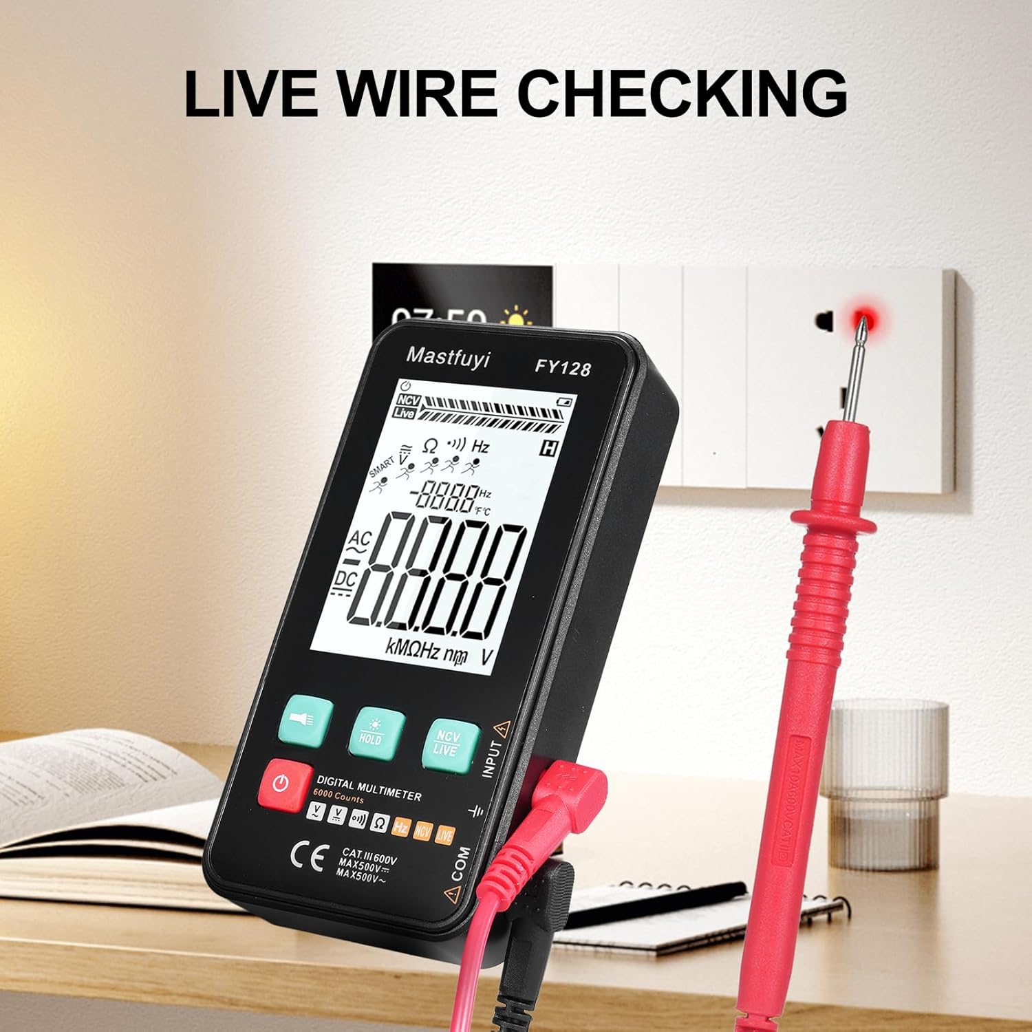 Digital multimeter performing live wire checking on an electrical outlet
