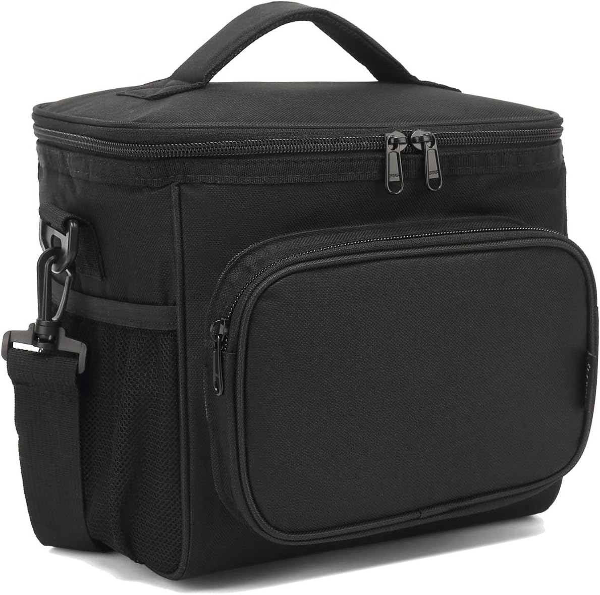 Insulated Reusable Lunch Bag Adult Large Lunch Box for Women and Men with Adjustable Shoulder Strap,Front Zipper Pocket and Dual Large Mesh Side Pockets, Black