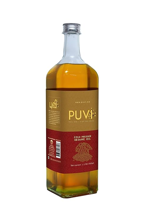 Puvi 1L Glass Bottle Cold Pressed Gingelly/Sesame Oil (Virgin, Chekku/Ghani) - 1 Litre