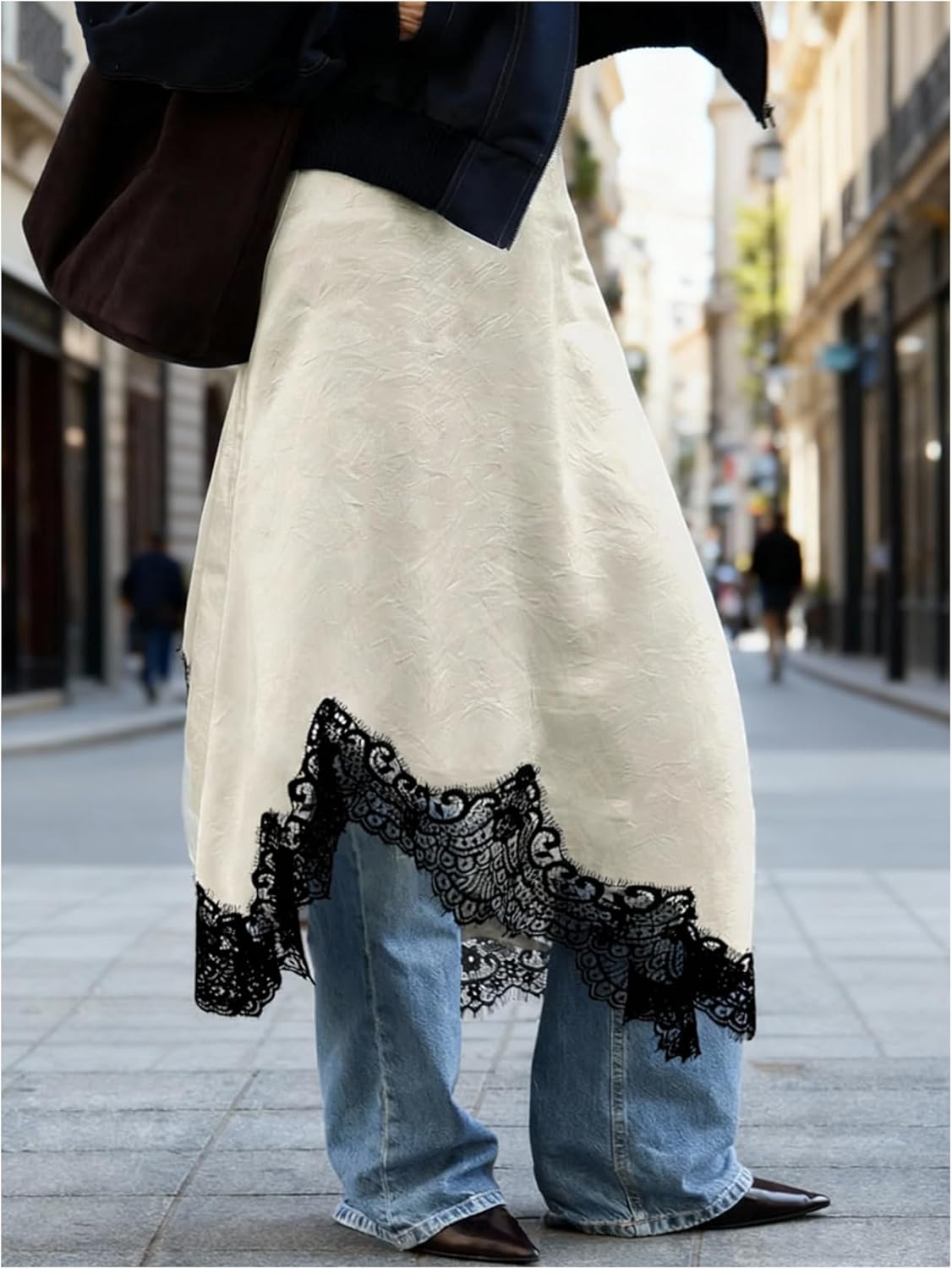 Women's Stain Lace Midi Skirt Elegant High Waisted Asymmetrical A Line Skirt - Image 3