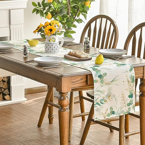 Miniatura 4 de Artoid Mode Camino de mesa de verano de eucalipto verde beige, primavera, temporada, aniversario, vacaciones, cocina, comedor, decoración para