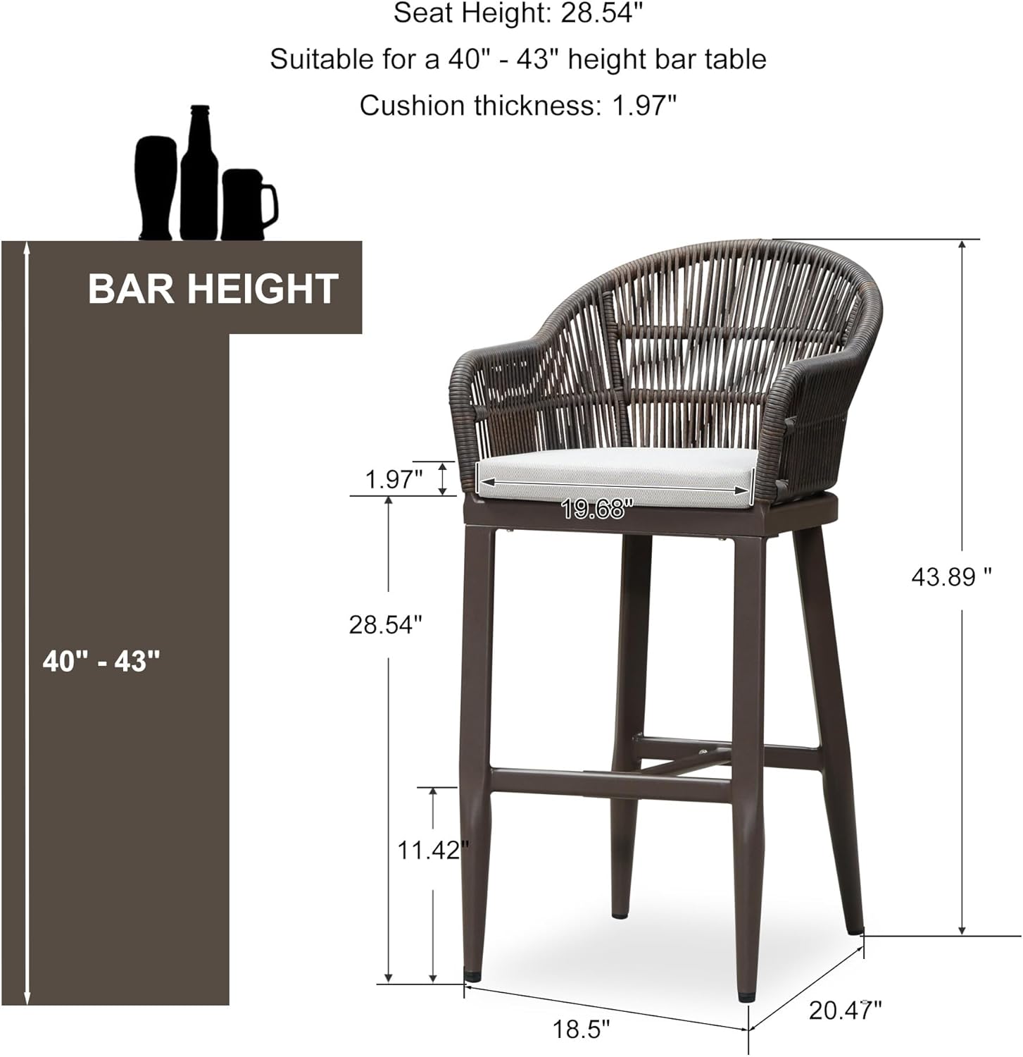 PURPLE LEAF Outdoor Bar Height Stools Set of 2 Patio Metal Modern Wicker Rattan Bar Chairs Woven Aluminum Barstools with Back and Cushions for Balcony Garden Indoor Kitchen Outside Coffee