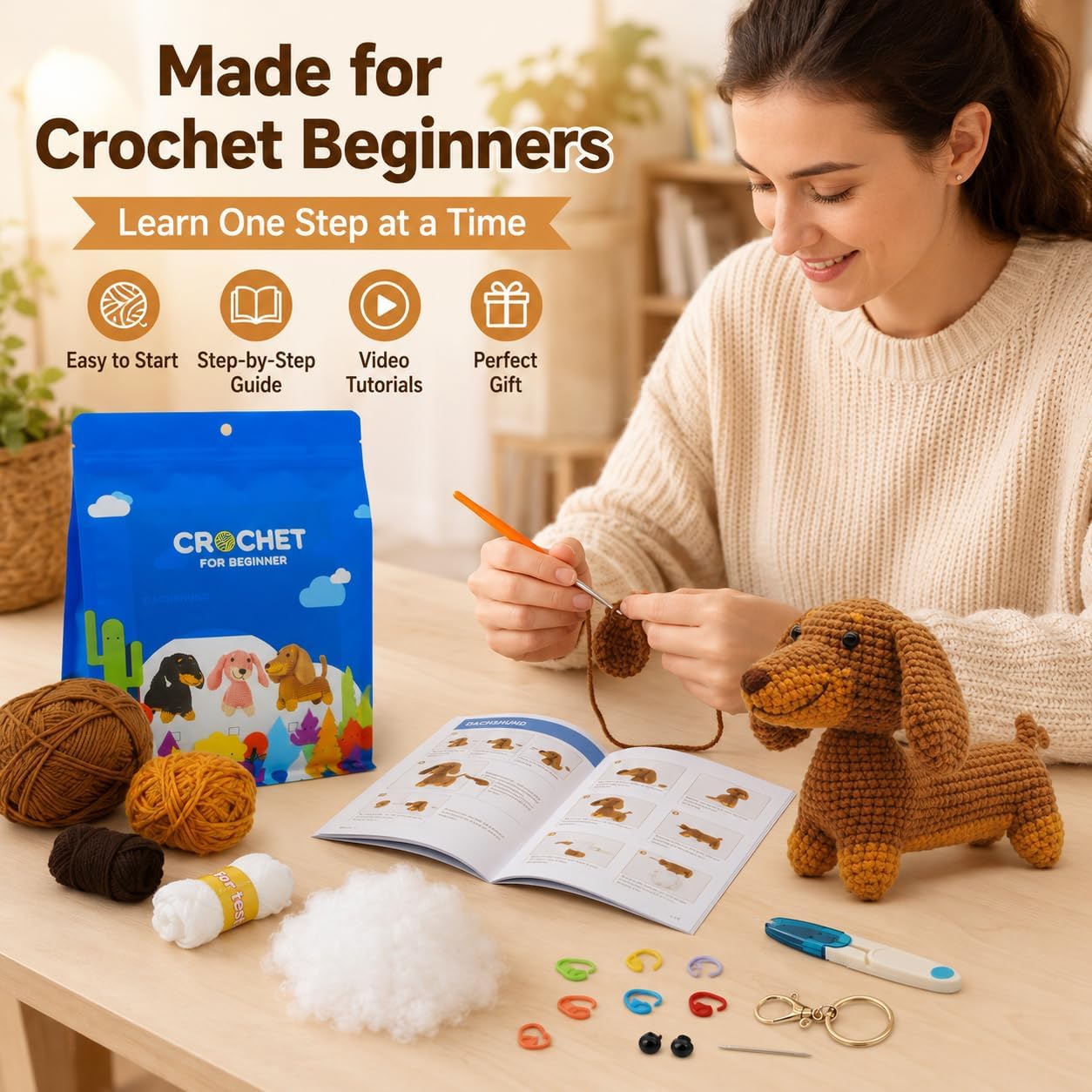 Nikolle Crochet Kit for Beginners with Step-by-Step Video Tutorials Crochet Animal Kit Crochet Starter Kits for Adults Kids - Dachshund(Brown)