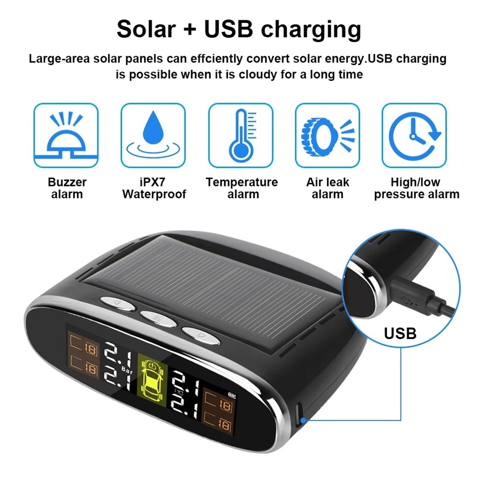 Allarme per Auto di Sensori Sistema di Monitoraggio della Pressione dei Pneumatici per Auto | Avviso di temperatura con 4 sensori interni/esterni Energia solare TPMS