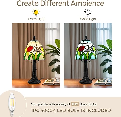 Miniatura 3 de Lámpara de mesa estilo Tiffany  Lámparas de mesa de cristal de 6 pulgadas con colibrí y flor, lámpara de noche estilo Tiffany vintage, pequeña luz