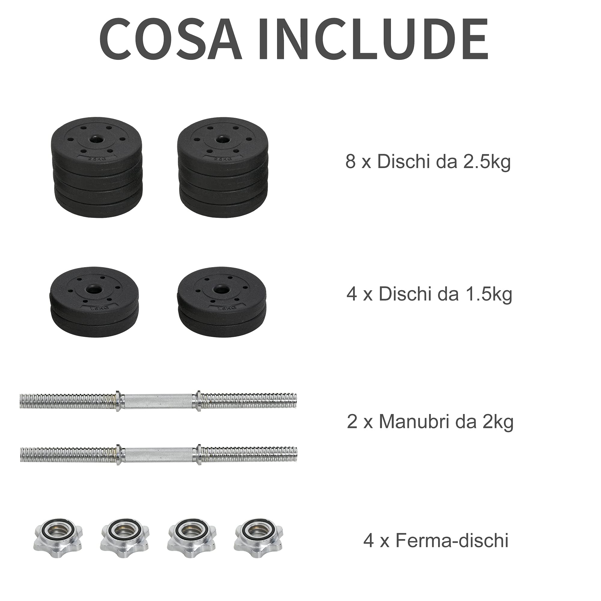 HOMCOM Set Manubri Palestra 25/30kg, Pesi Palestra con 12 Dischi e 2 Manubri da 2 kg per Allenamento a Casa, Nero