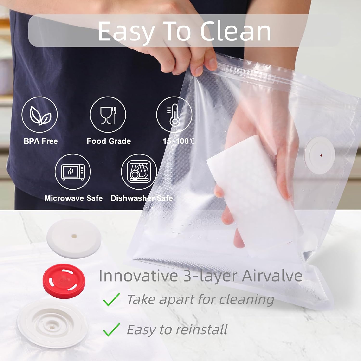 30 Upgraded Reusable Vacuum Seal Bags For Food + 2 Clips, 20p 8"X8" + 10p 10"X11", BPA Free, 5X Longer Fresh, for Sous Vide, Freezer, Microwave, Odor-Resistant, Leak-Proof | More Reusable, Easier To Clean, vacuum-retentive - Image 5