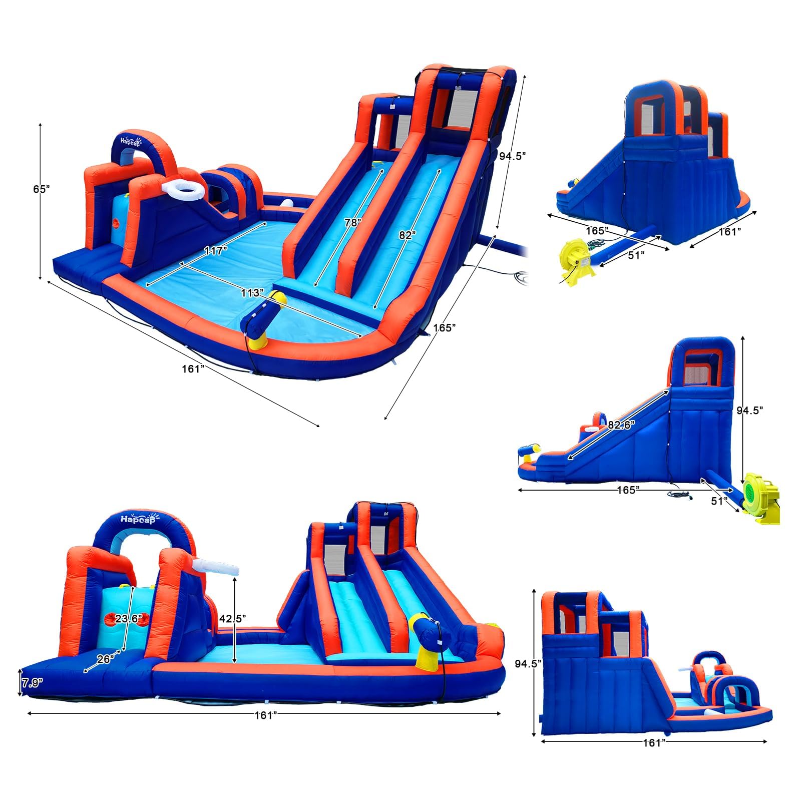 Hüpfburg mit Gebläse,Aufblasbarer Wasserpark mit Rutsche und Kletterwänden,Tunnel,Schwimmbecken, Wasserpistole,Geeignet für 5 Kinder im Alter von 3 bis 8 Jahren (420 x 410 x 240 cm)
