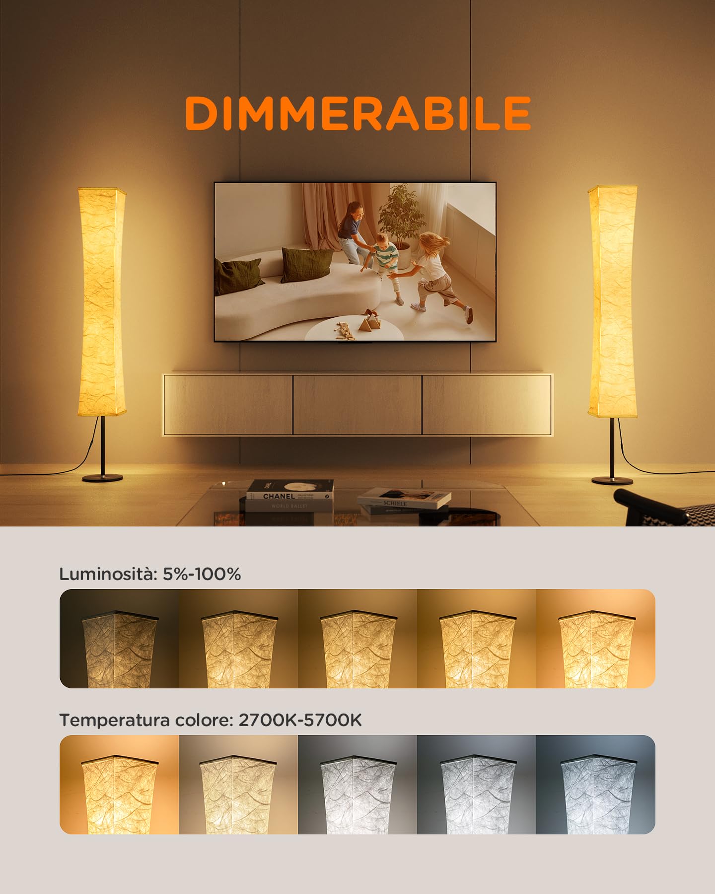tomons Lampada da terra per soggiorno, dimmerabile, lampada da terra a LED RGB con telecomando e sincronizzazione musicale, lampada da lettura con ombra in tessuto bianco per camera da letto,