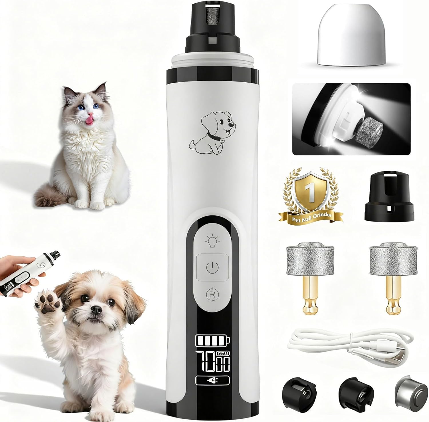 Silent Groom Pro Dog Nail Grinder -Professional Cat & Dog Nail Trimmers with light & 3 Speeds, Pet Nail Grinder Quiet and Painless Paws Grooming, Suitable for Small Medium Pets (2 Replacement Head)