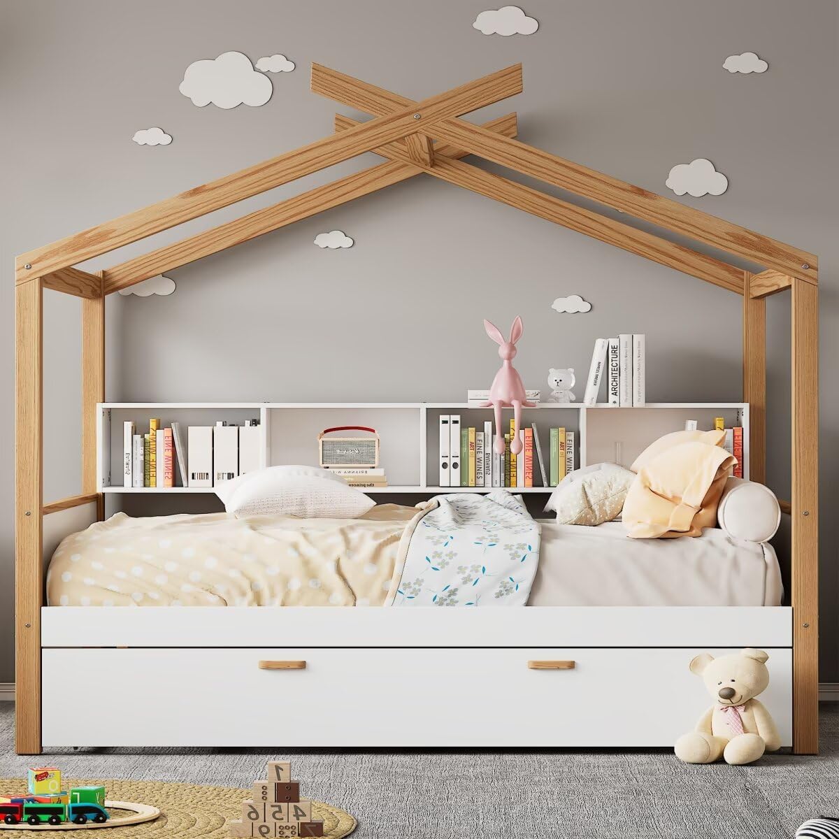 JIJIWANG Full Size Wooden House Bed with Twin Size Trundle and Bookshelf Storage Space, Original Wood Colored Frame with Roof and Slats Support for Kids Teens Girls Boys Bedroom (White+Trundle, Full)