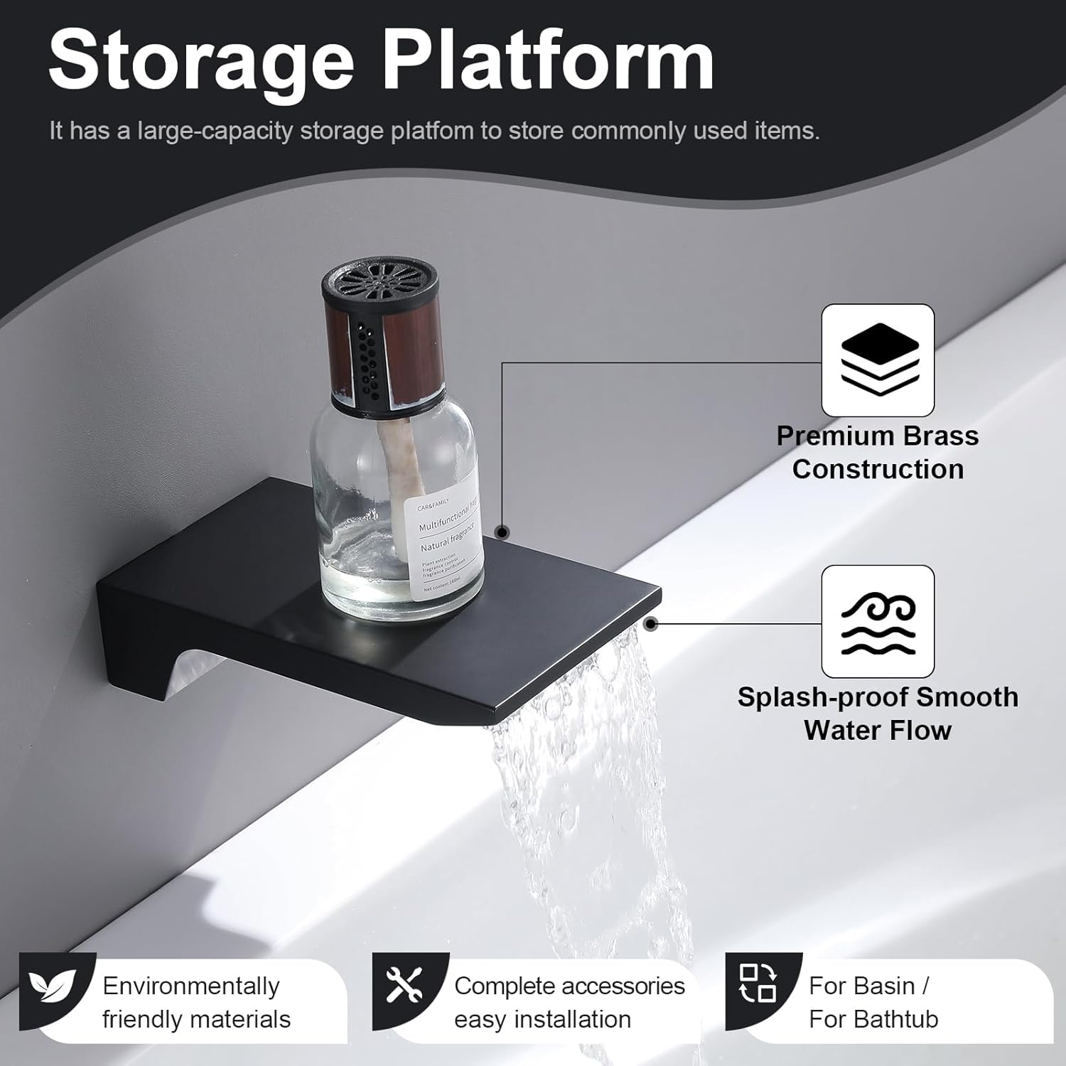 Black Waterfall Tub Spout, Wall Mounted Bathroom Fixtures Tub Filler Waterfall Spout for Sink and Tub Shower,​ Bathroom Tub Faucet Replacement, High Flow