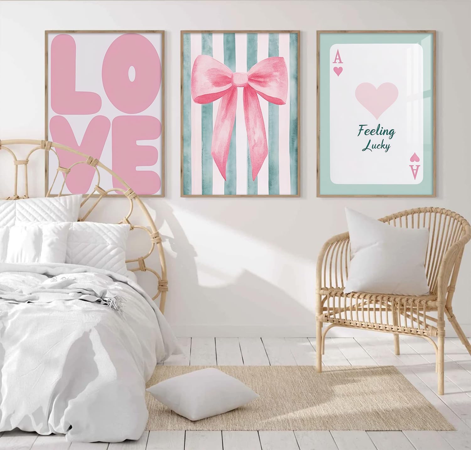 3 Piece Coquette Pink Bow Canvas Art Prints Pink Love Wall Art Aesthetic Preppy College Apartment Paintings Green Style for Home Bathroom Dormitory Bedroom Living Room Decor 16x24 inches Unframed