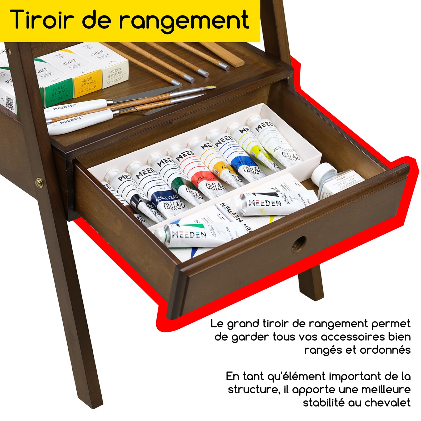 MEEDEN Chevalet de Peinture en Bois avec Tiroir de Rangement : Chevalet de Studio en H Réglable en Hêtre, Grand Support de Peinture Pliable – Adapté aux Toiles jusqu'à 91 cm, Noyer clair