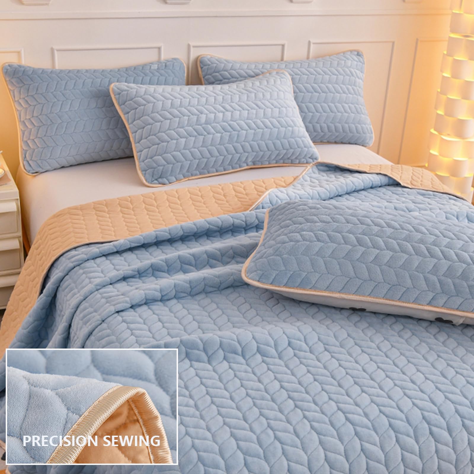Tagesdecke 200 x 230 cm Plüsch Flanell Bettüberwurf Sofa hellblau