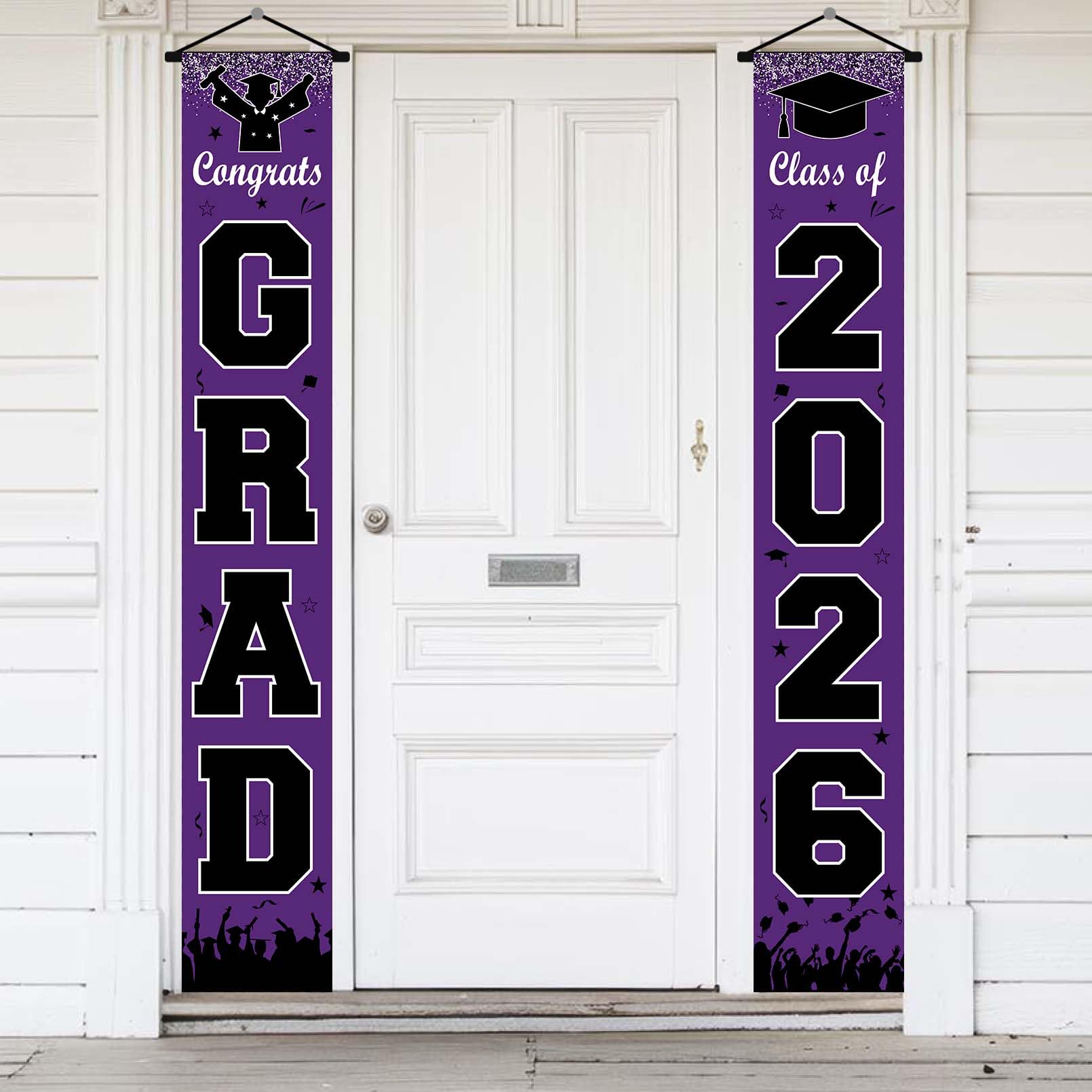 Photo 1 of Purple and Black Graduation Decorations Class of 2026 Hanging Graduation Banner - Congrats Grad Banner Porch Sign for Front Door, Grad Door Banners 2026 Graduate Party Decor Supplies