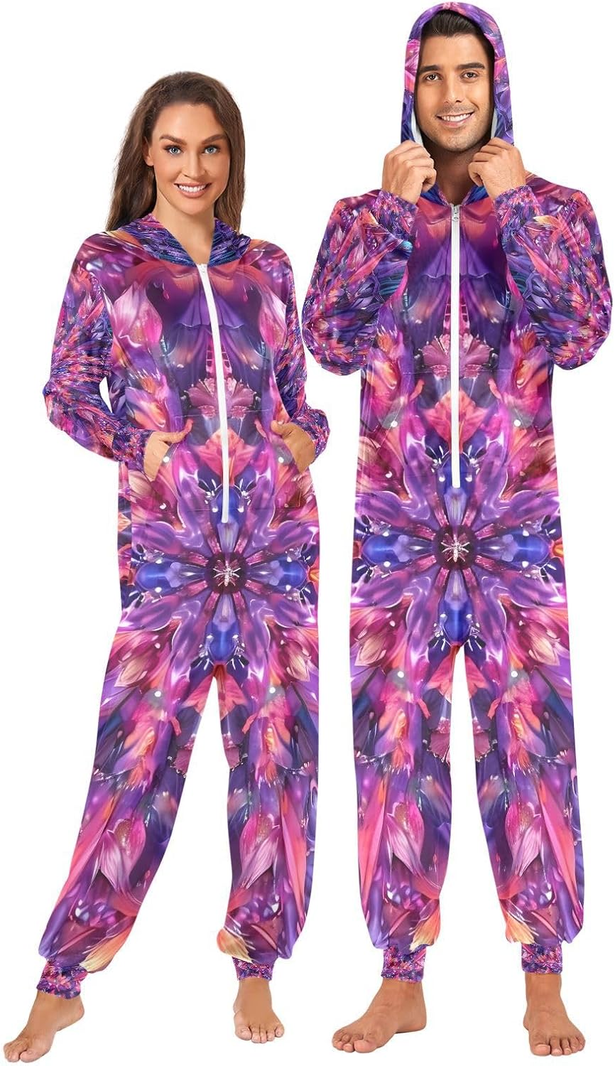 Kaleidoscope Neon Purple Unisex Adult Onesie Pajamas Comfy One Piece Costume Jumpsuits Novelty Sleepwear Homewear for Men Women
