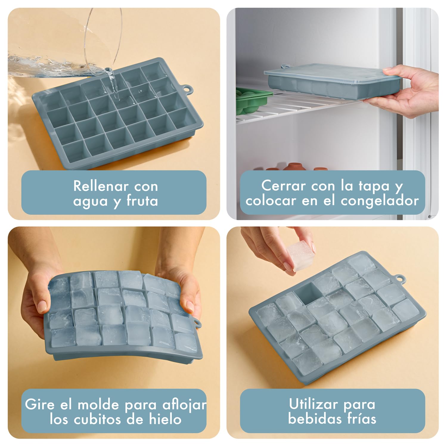 Blumtal cubiteras para hielo Set de 3-24 hielos cubitera silicona con tapa - ice cube tray Forma Cubo - Sin BPA + Gris Azulado + Gris Azulado + Azul Claro