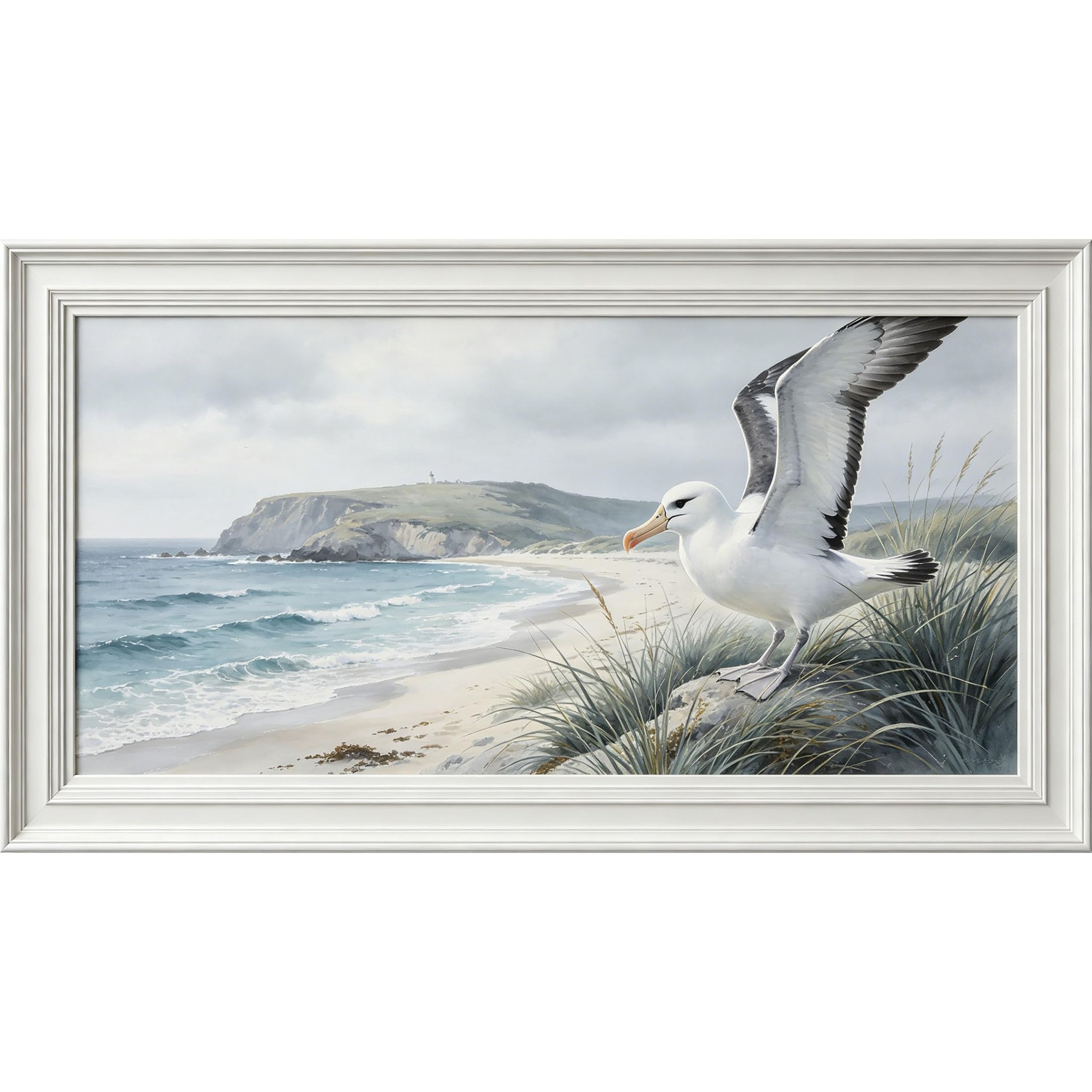QZLITHOTIC 50x90cm3D Framed Wall Art， Coastal Seaside Landscape Seagull Ocean Shore SelfAdhesive Mural， WaterActivated Peel & Stick Fabric Decor Wall Decal for Bedroom Living Room