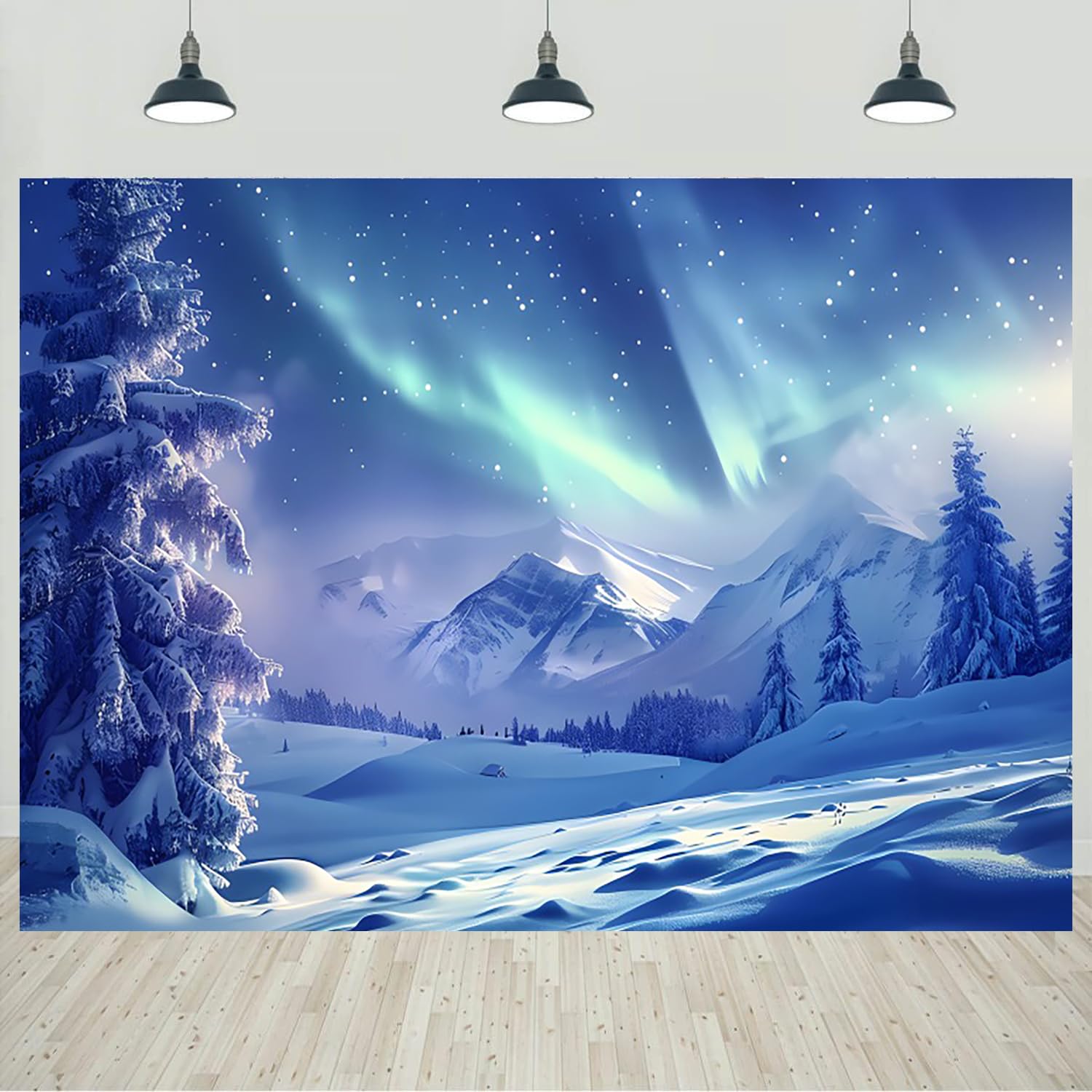 8x6ft Winter Backdrop Mountain Forest Wintry Snow Landscape Pine Trees Aurora Starry Photography Background Nature Scenery Theme Decorations Banner