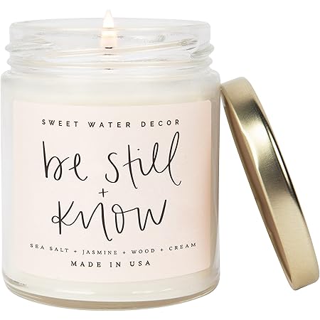 Sweet Water Decor, Be Still and Know, Sea Salt, Jasmine, Cream, and Wood Scented Soy Wax Candle for Home | 9oz Clear Jar, 40 Hour Burn Time, Made in the USA