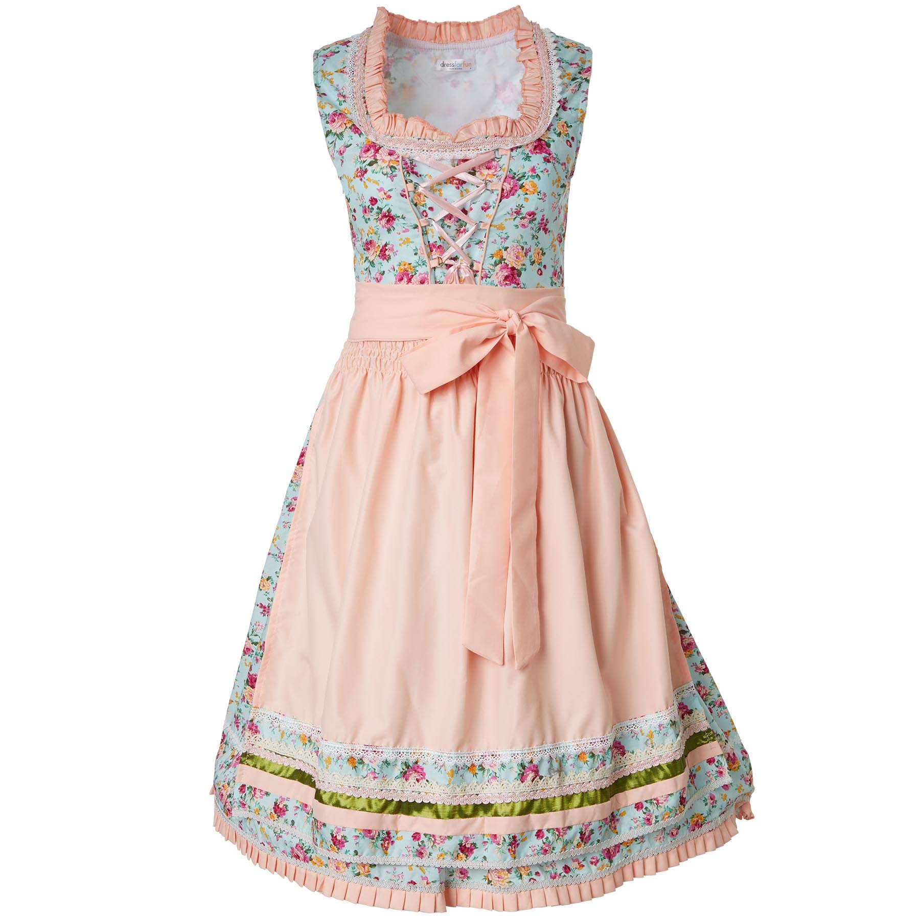 dressforfun Dirndl Damen Midi, Trachtenrock Trachtenkleid mit Schürze, Dirndlkleid mit Blumenmuster, Rüschen und Spitze, Trachtenmode Damen für Oktoberfest, mit Dirndl Bluse kombinierbar, türkis/rosa