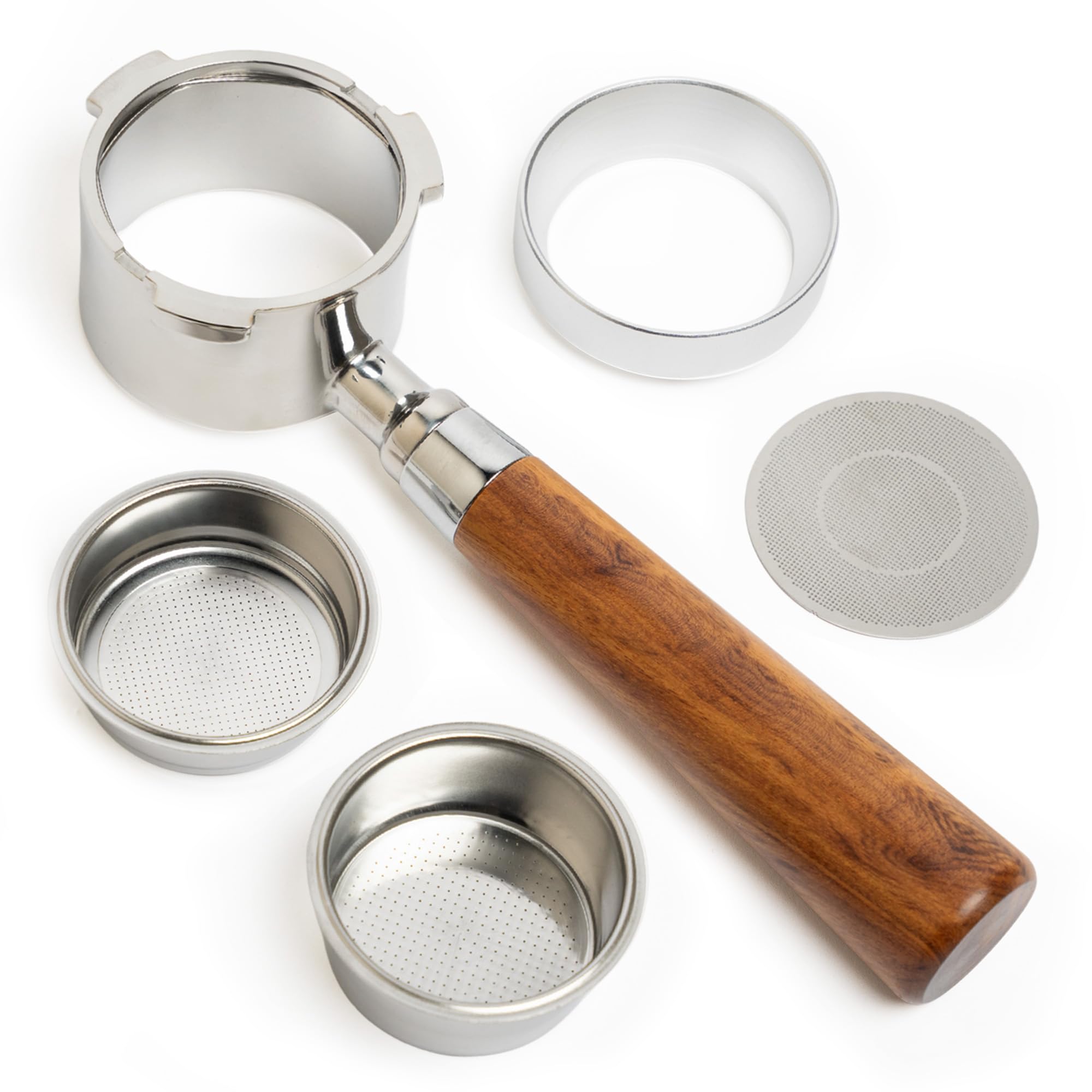 Siebträger ohne Boden, 51 mm, 3,8 mm, feines Ohr, kompatibel mit De'Longhi EM450.M, ECP, Power Espresso 20, 2 Filter, Verteilerfilter und Dosiertrichter (kompatibel mit EM450 / ECP (3,8 mm))