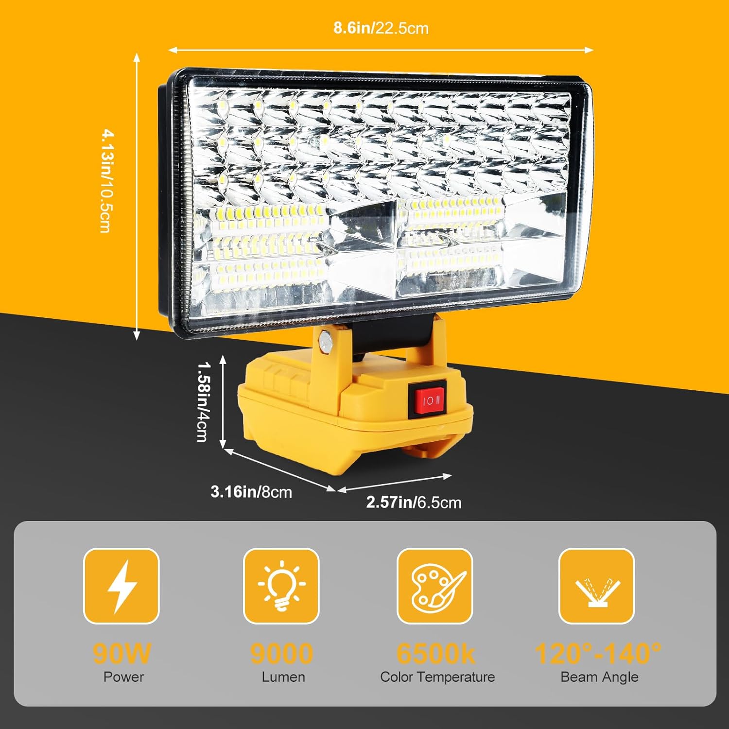Cordless LED Work Light for Dewalt 20V Battery, 8" Portable LED Flood Light Flashlight, 2 Modes Brightness, 90W 9000LM, Low Voltage Protection, USB Charging Ports, for Work Camping Outdoor(No Battery)