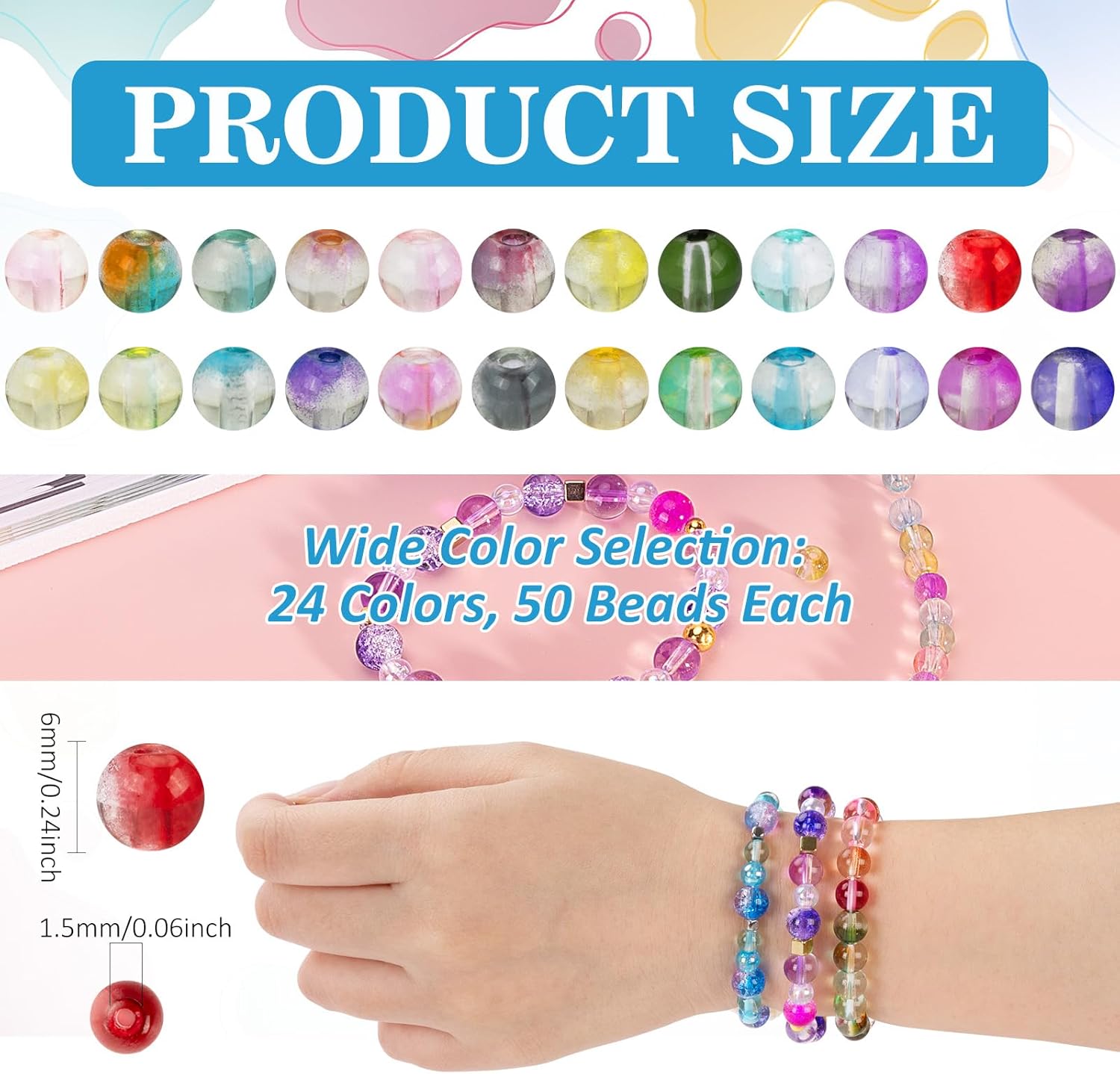 XSEINO 24 Colors 1200PCS Transparent Gradient Glass Beads Kit 6mm DIY Craft Glass Beads, Fit for Bracelets, Jewelry Making, Necklace - Image 2