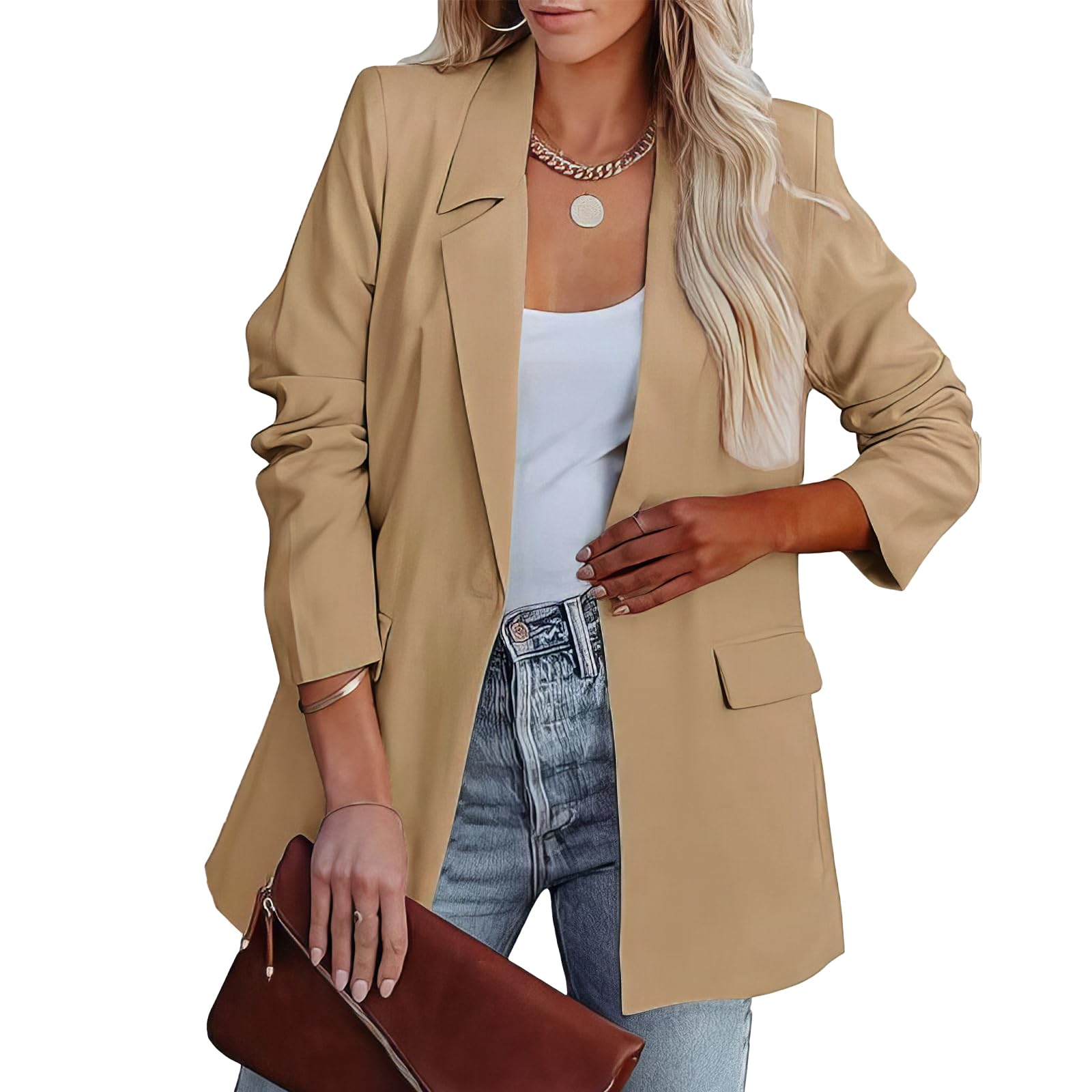 Blazer da Donna - Giacca Ampia Monopetto Aperta sul Davanti per Riunioni di Lavoro, Maniche Lunghe, Colletto con Revers, Giacche da Ufficio
