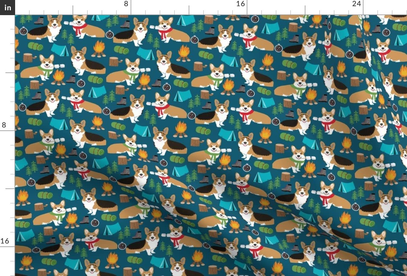 Spoonflower Fabric - Corgi Camping Aspen Campfire Dogs Breeds Navy Corgis Welsh Printed on Upholstery Velvet Fabric Fat Quarter - Upholstery Home Decor Bottomweight Apparel