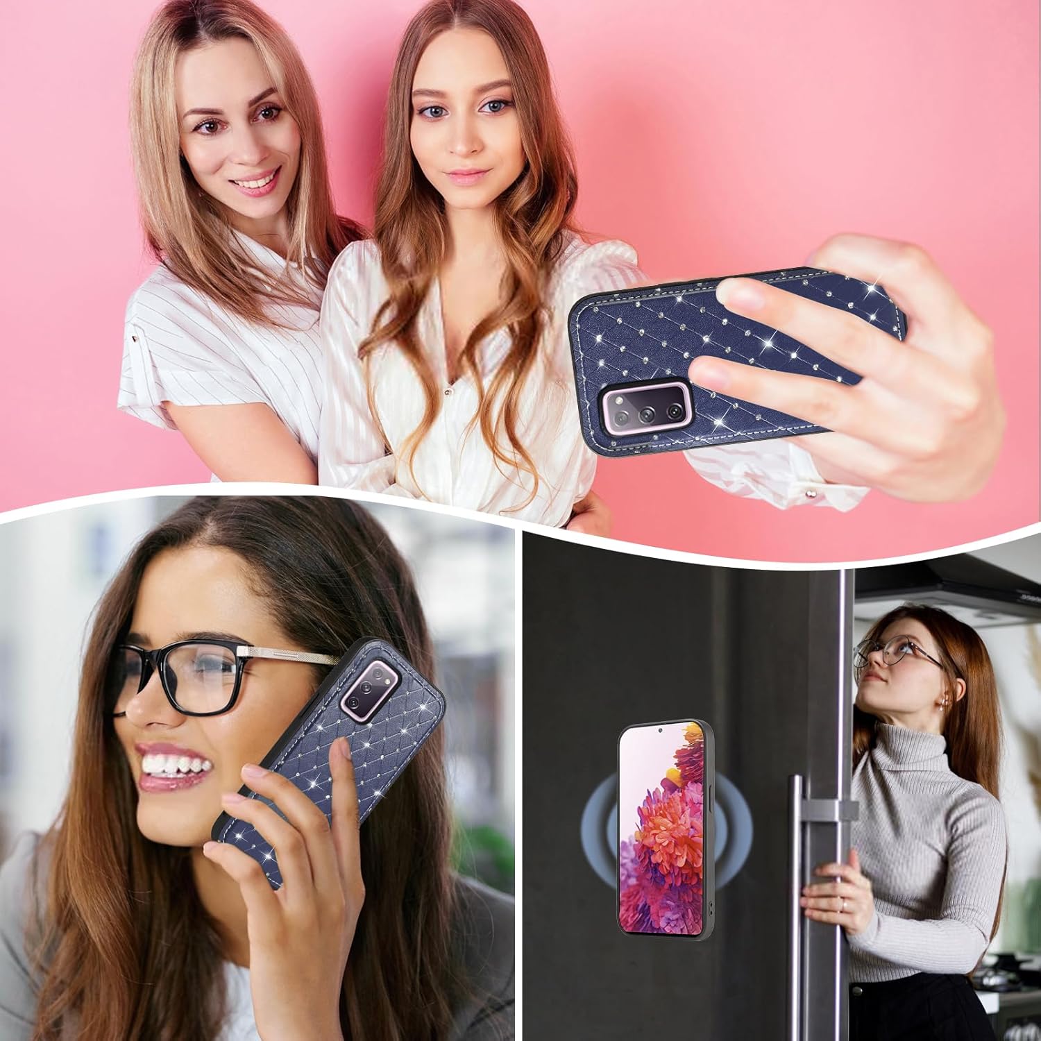 Phone Case for Samsung Galaxy S20 FE 5G 6.5 inch Zipper Wallet Cell Cover Screen Protector Crossbody Strap Bling Flip Credit Card Holder S 20 EF UW S20FE5G S20FE 20S S2O Fan Edition Women Dark Blue