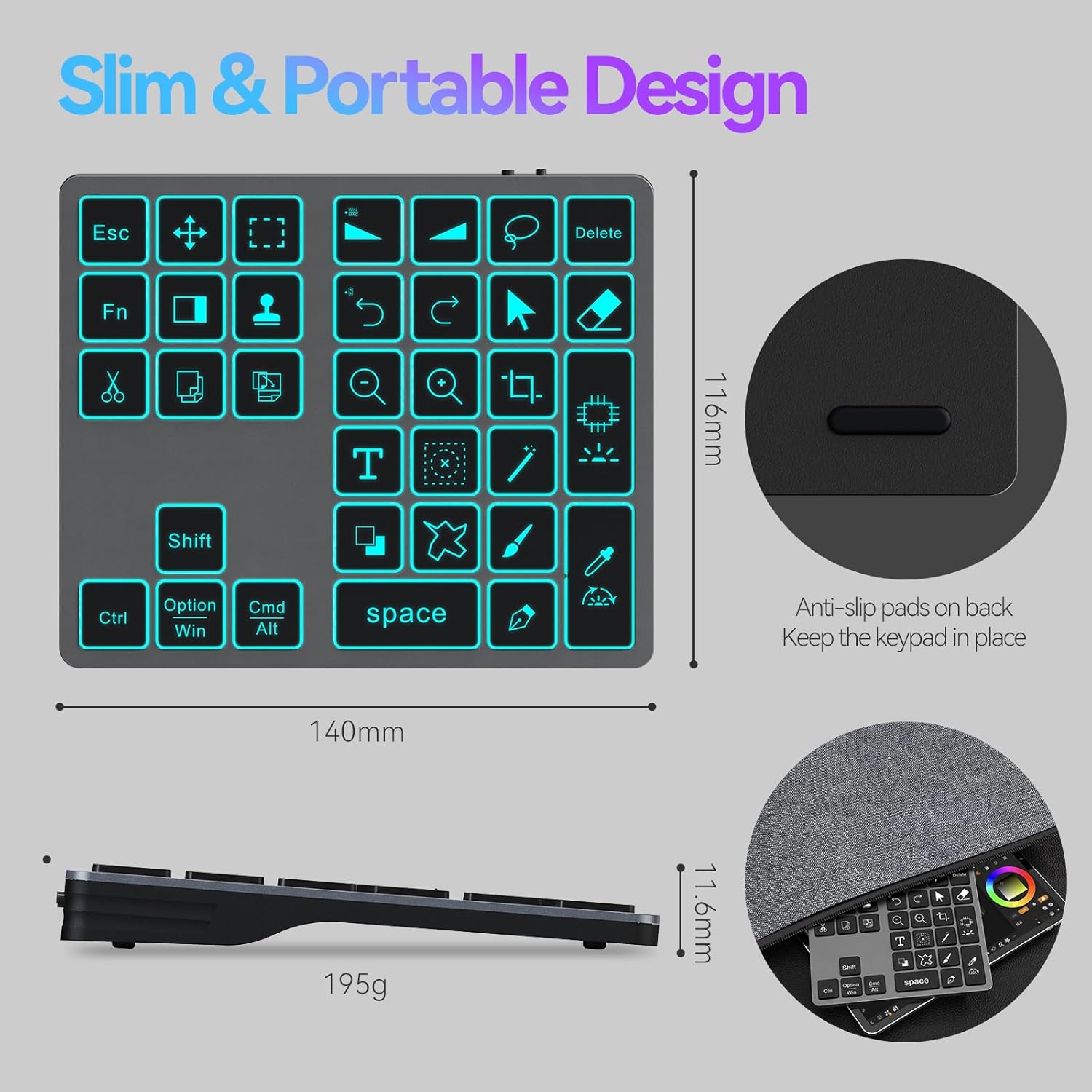 Doohoeek Bluetooth Shortcut Keyboard with dimensions 140mm x 116mm x 11.6mm and weight 195g, showing anti-slip pads.