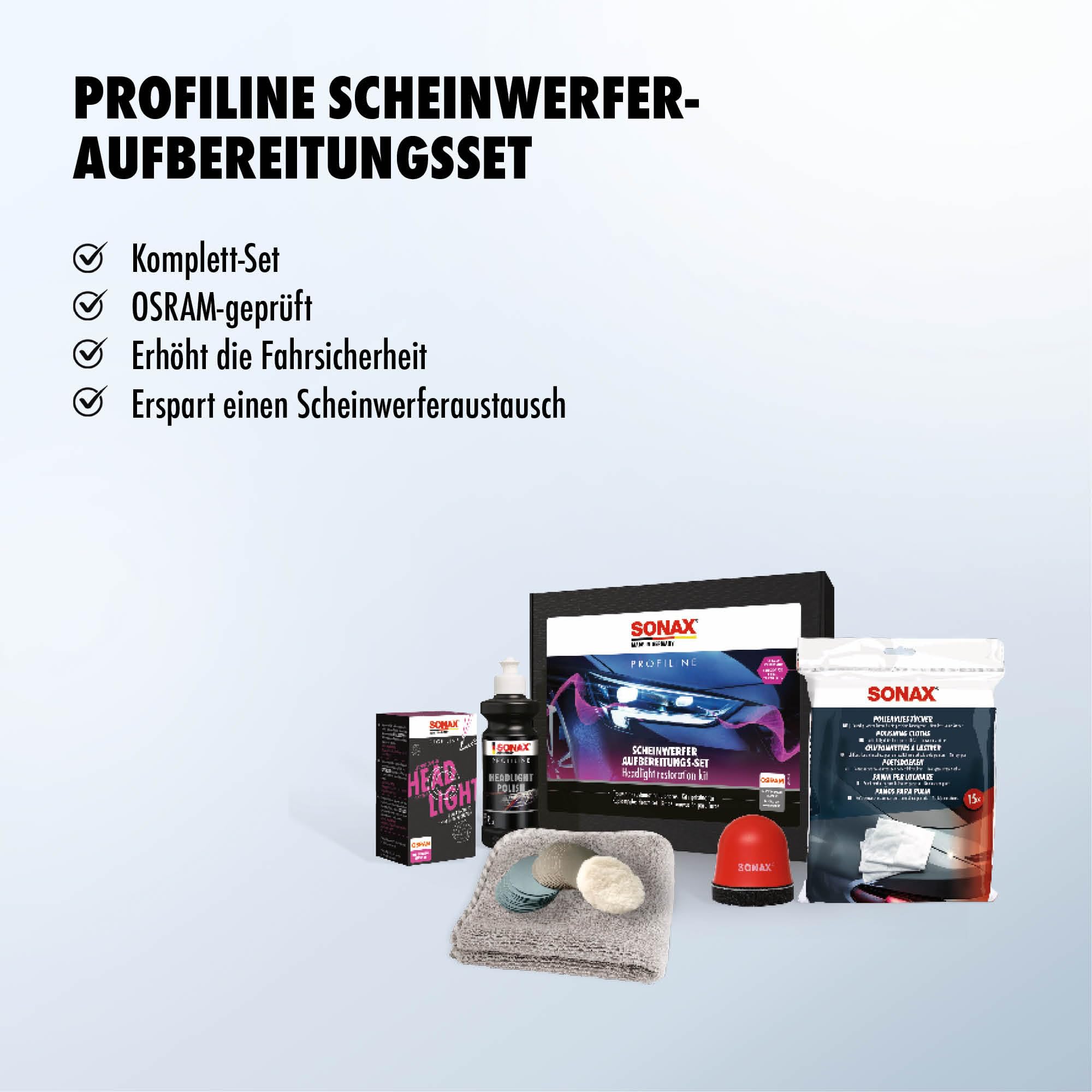 SONAX PROFILINE ScheinwerferAufbereitungsSet (1 Set) zur Aufbereitung von altersbedingt vergilbten und vermatteten Scheinwerfern aus Kunststoff | Art-Nr. 04056410