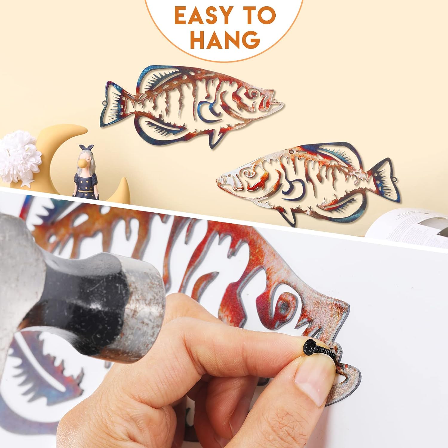 Lounsweer 2 Pcs Metal Fish Wall Art Vintage Fishing Rustic Wall Decor