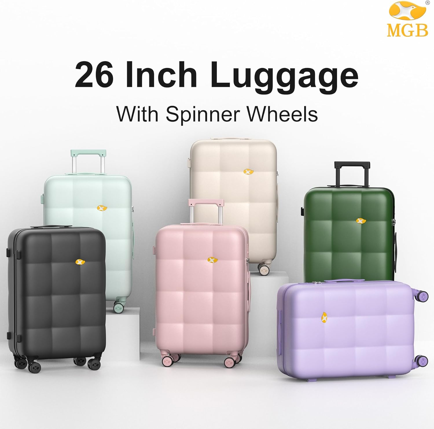 MGB 26-Inch Hardside Suitcases with Wheels, Medium Checked Luggage with 360°Spinner Wheels - Scratch Resistant Hardshell - TSA Lock - Polycarbonate Shell for Lightweight Travel - Pink