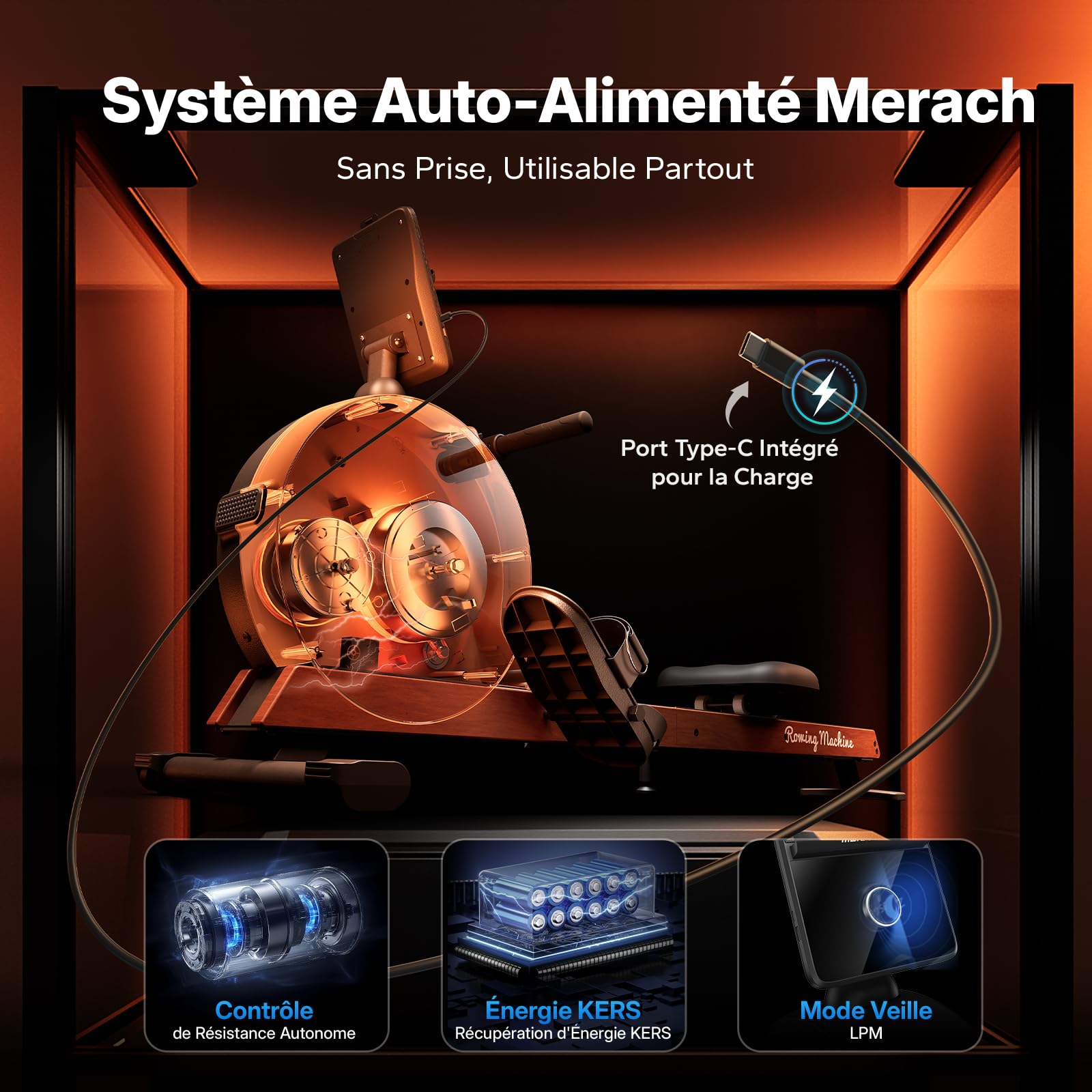 MERACH Rameur Musculation D'appartement, Auto-générateur, résistance magnétique maximale améliorée de 60 kg, réglage Automatique de la résistance, Doubles Rails en Bois, Affichage LED, Professionnel