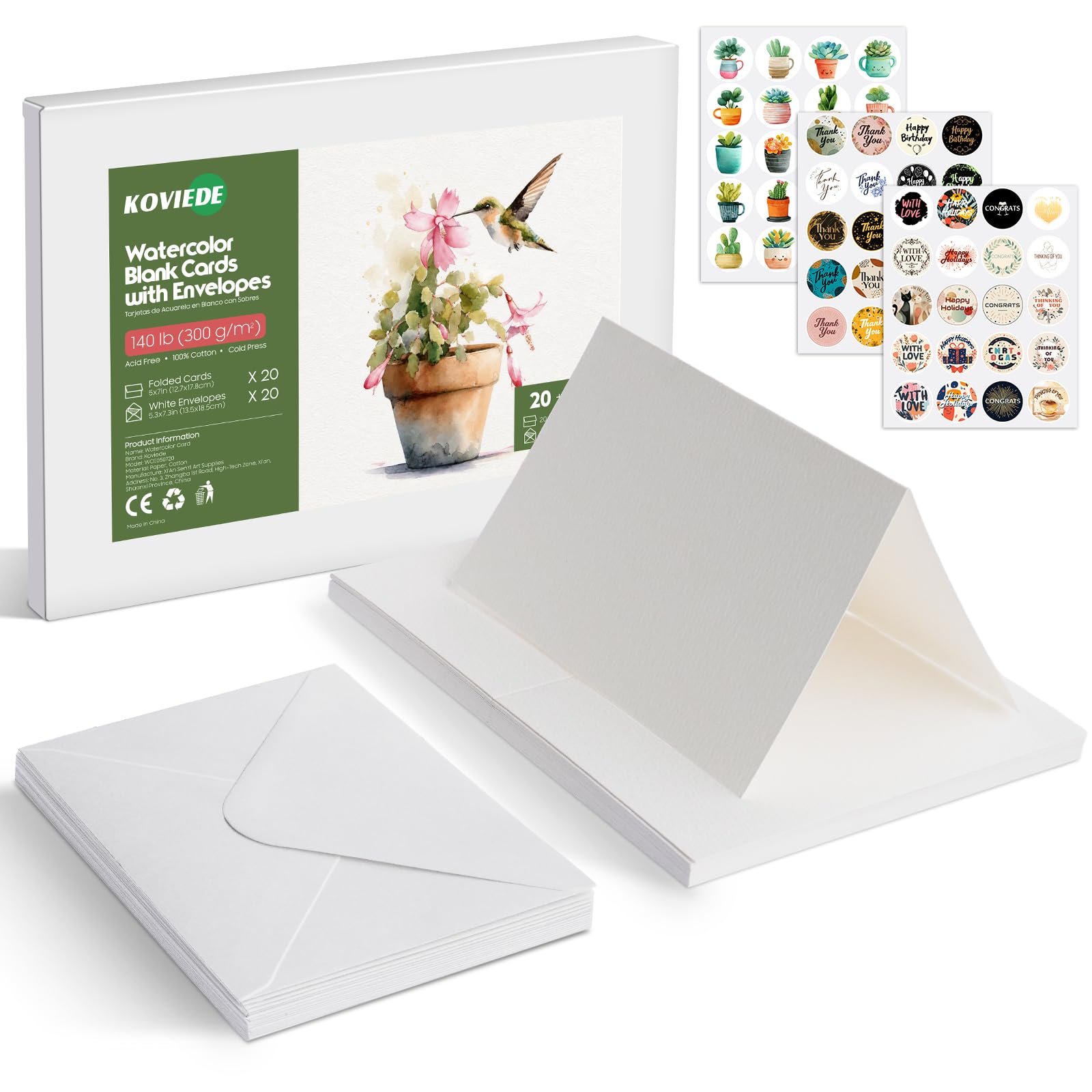20 Pack Foldable Blank Watercolor Cards with Envelopes 5" x 7"
