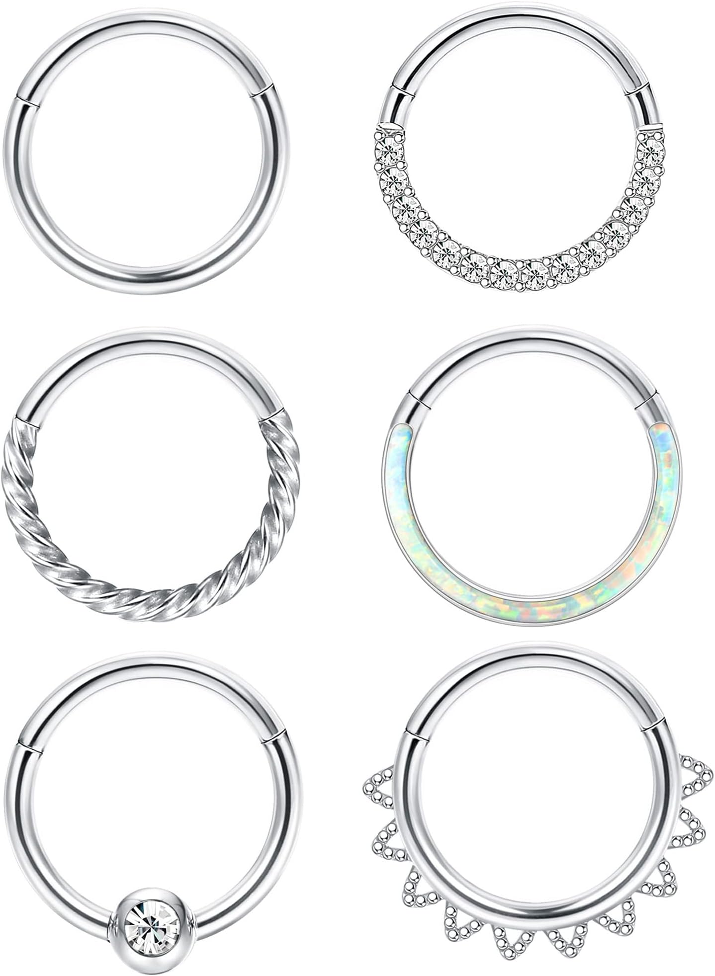 CASSIECA 18G 16G Surgical Steel Nose Rings Hoop Clicker Septum Rings for Women Men CZ Opal Cartilage Hoop Earrings Helix Daith Rook Lip Conch Hoop Body Piercing Jewelry 8MM 10MM
